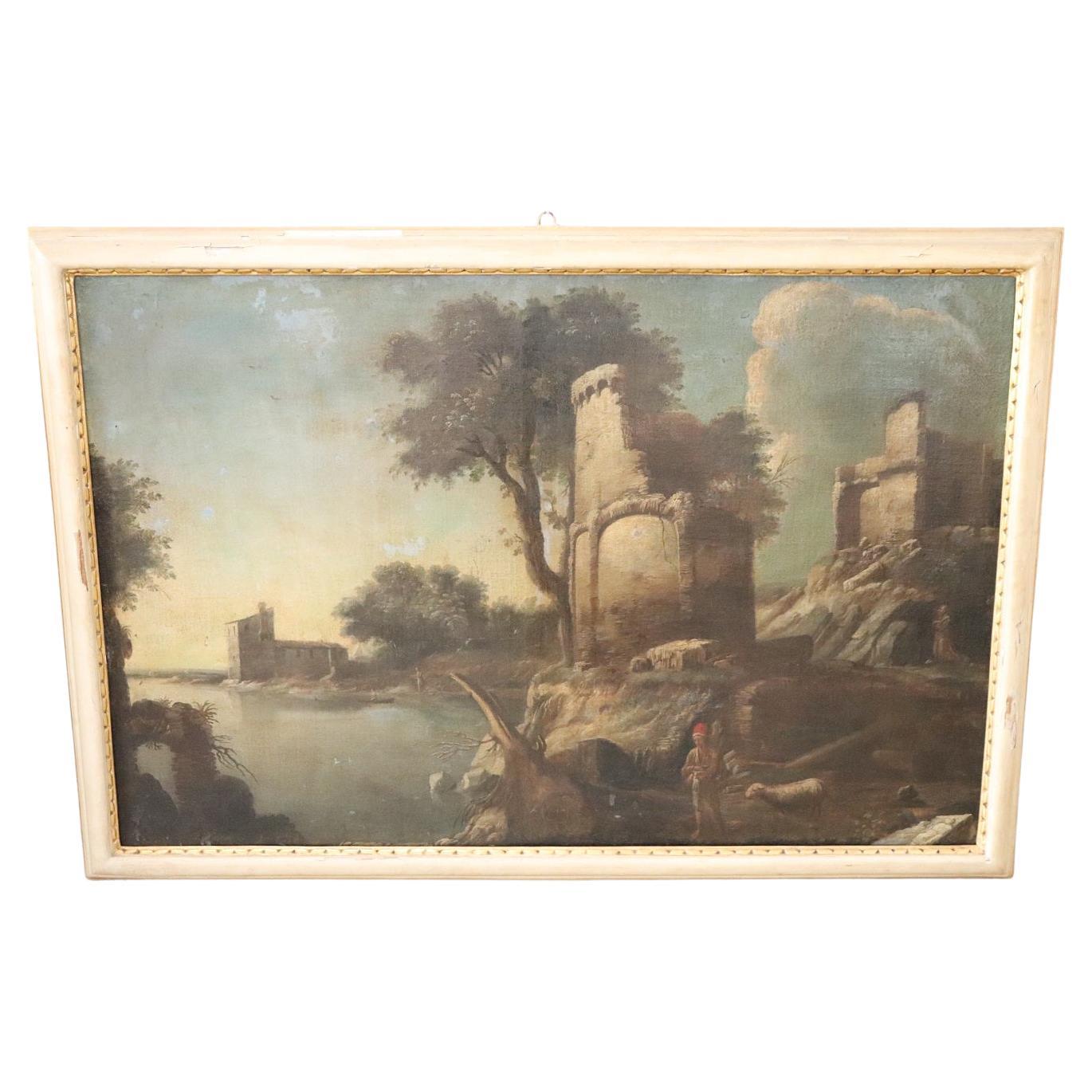 Early 19th Century Italian Antique Large Oil on Canvas Painting River Landscape