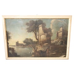 Early 19th Century Italian Antique Large Oil on Canvas Painting River Landscape