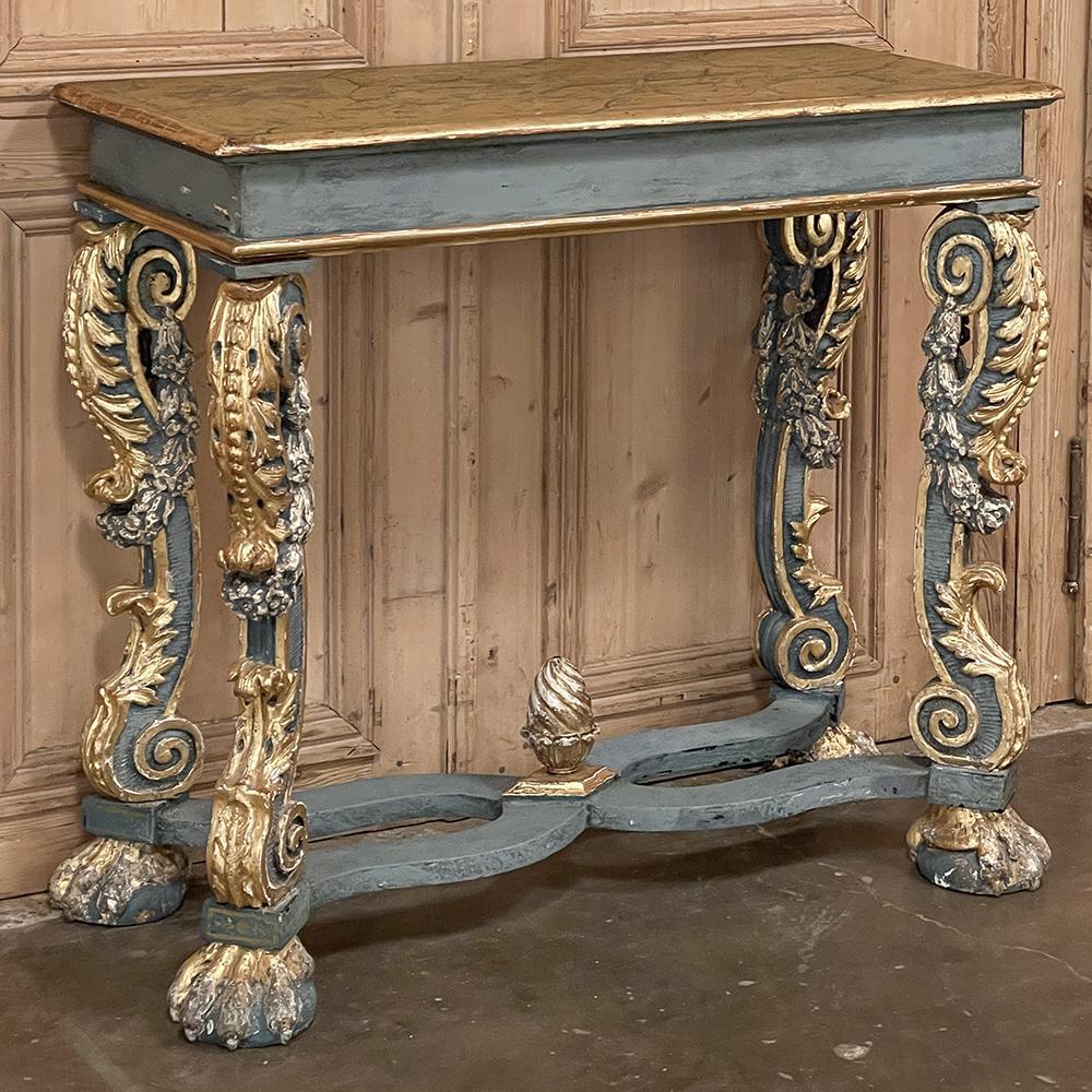 Early 19th century Italian baroque faux-painted console hails from the master artisans of Venice, the storied city that rises above the northern tip of the Adriatic Sea as if by magic! Inhabited since the 10th Century BC, the city developed to