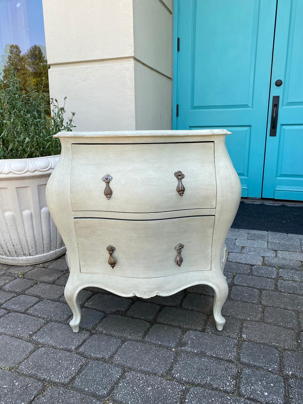 Early 19th century Italian bombe painted two-drawer bedside commode, hand painted custom finish.