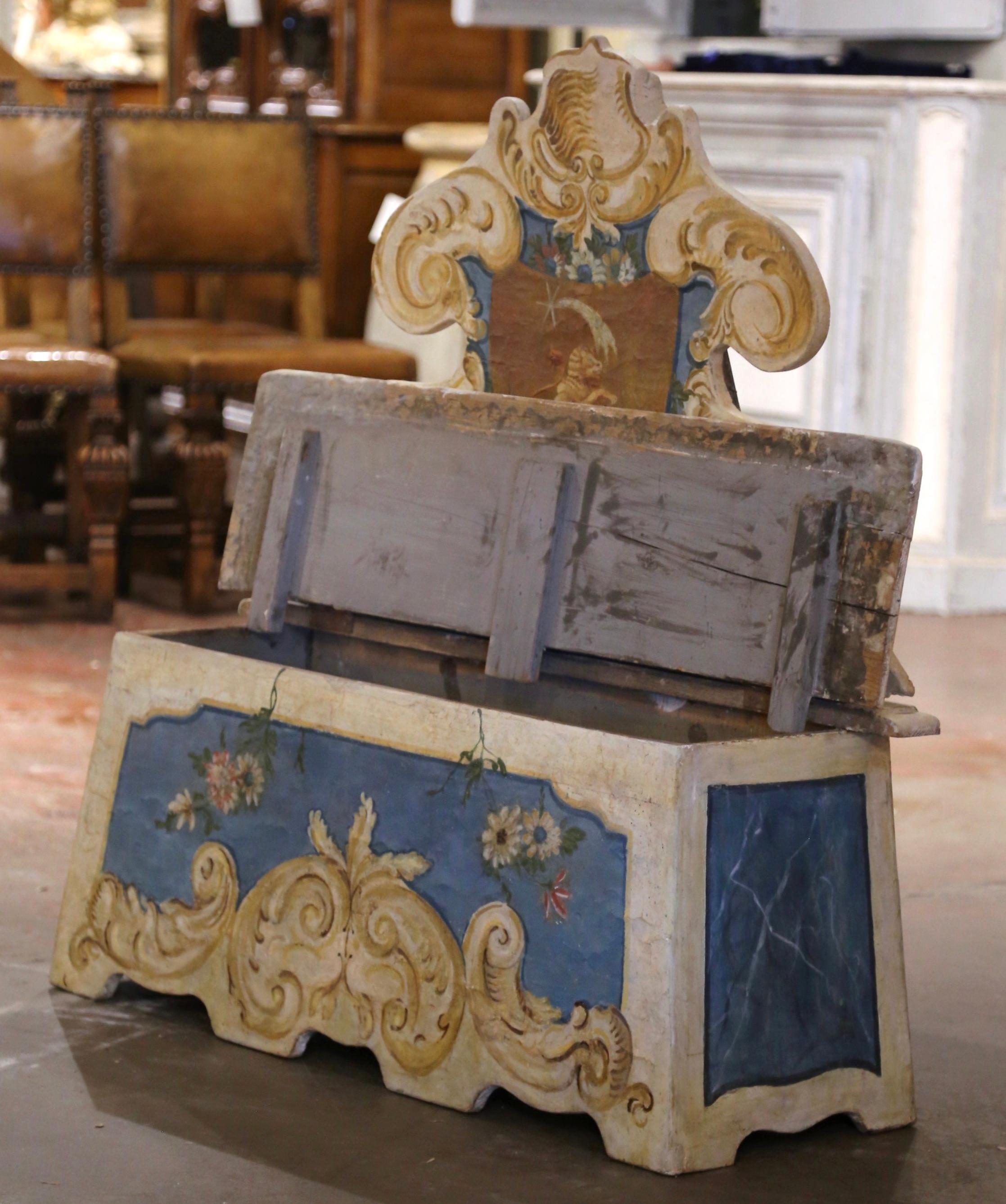 XIXe siècle Banc Cassapanca italien du début du 19e siècle, sculpté et peint à la main en vente