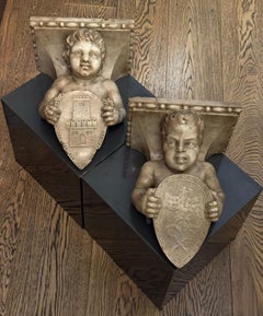 Early 19th Century Italian Carved Marble Wall Sconces with Cherubs