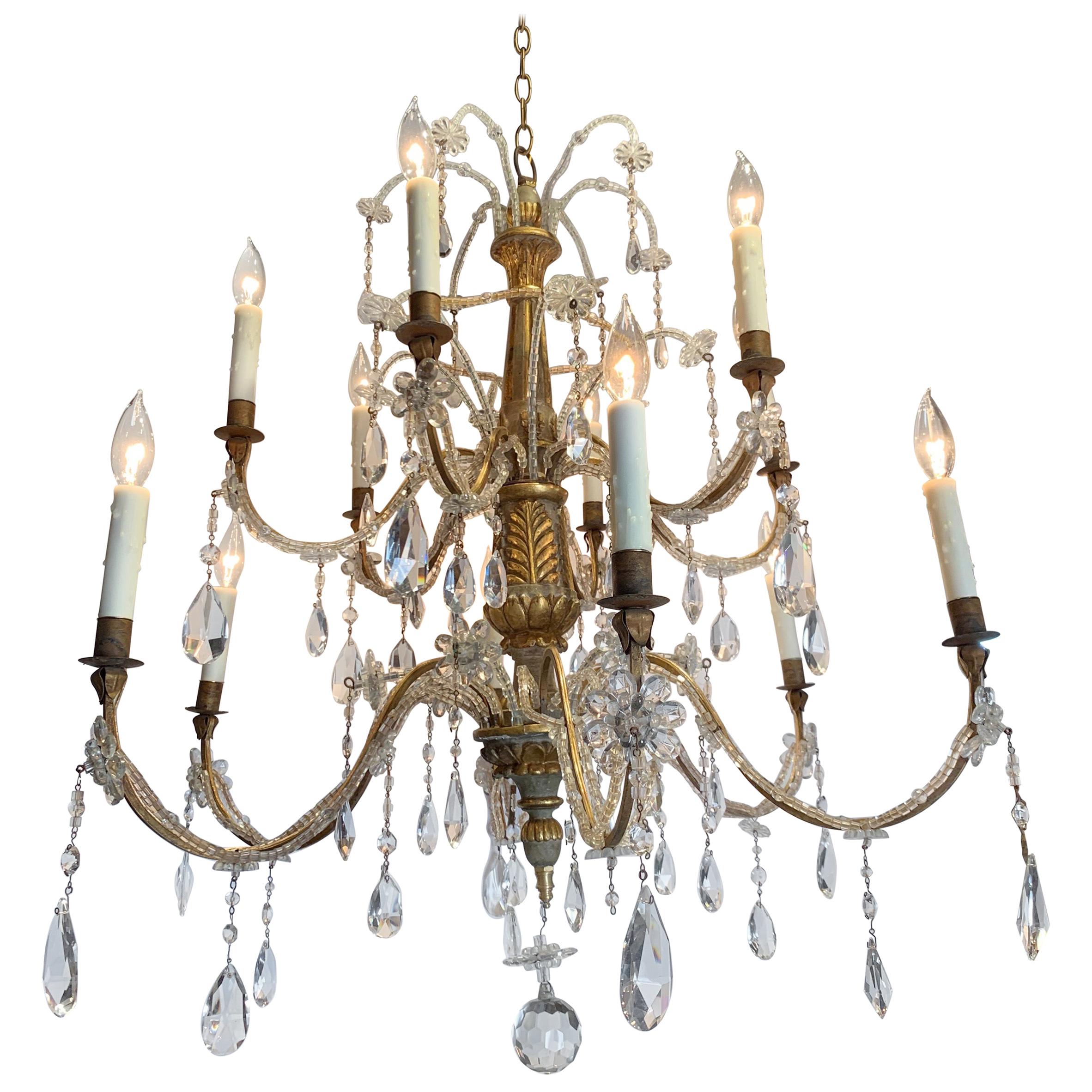 Early 19th Century Italian Carved Wood and Beaded Chandelier