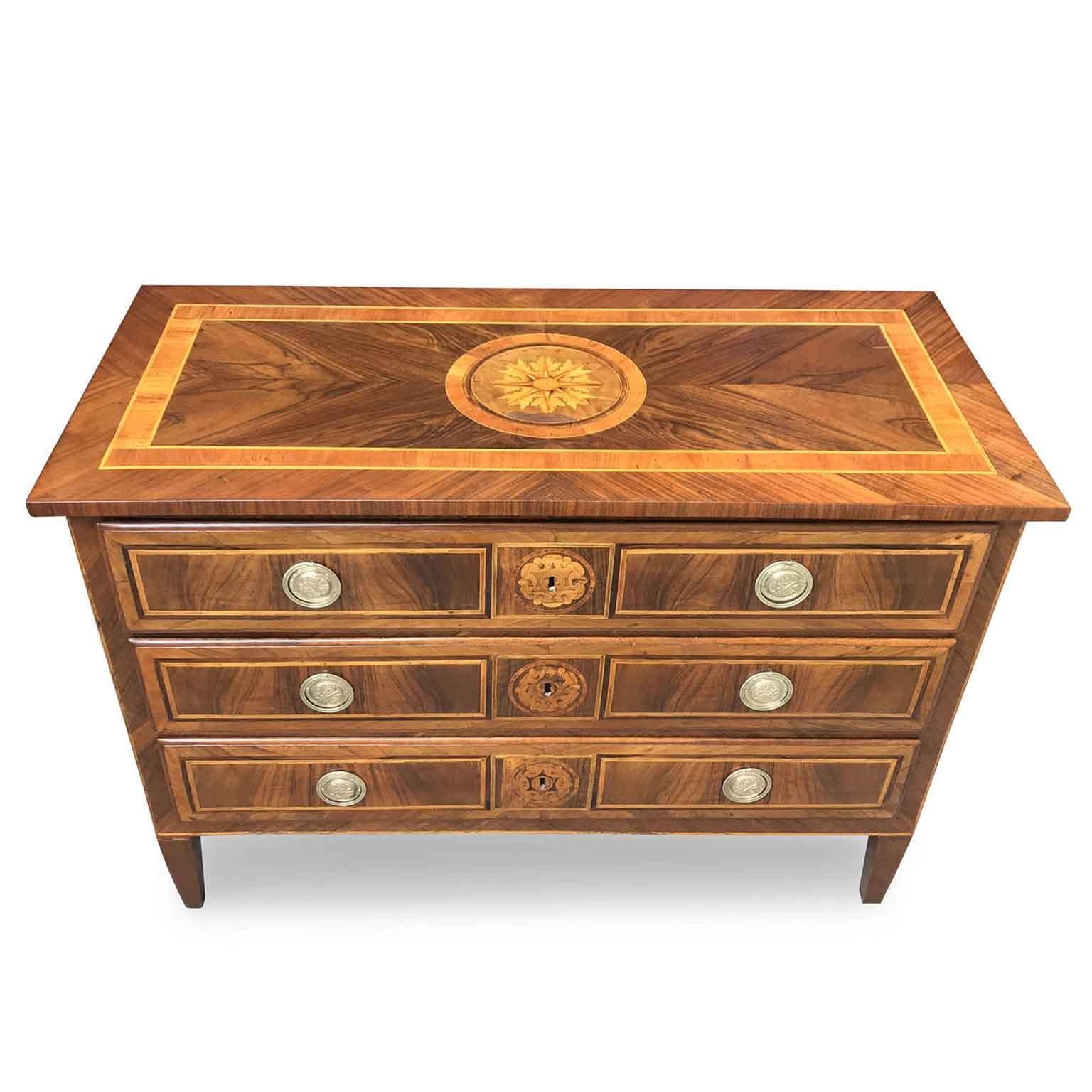 Inlay Early 19th Century Italian Directoire Chest of Drawers with Rose Marquetry