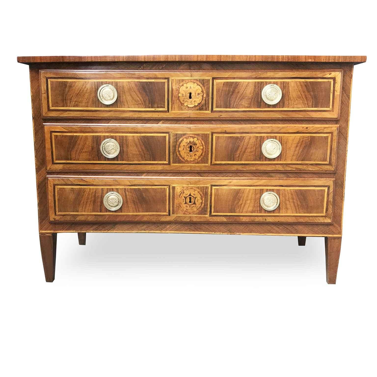 Fruitwood Early 19th Century Italian Directoire Chest of Drawers with Rose Marquetry