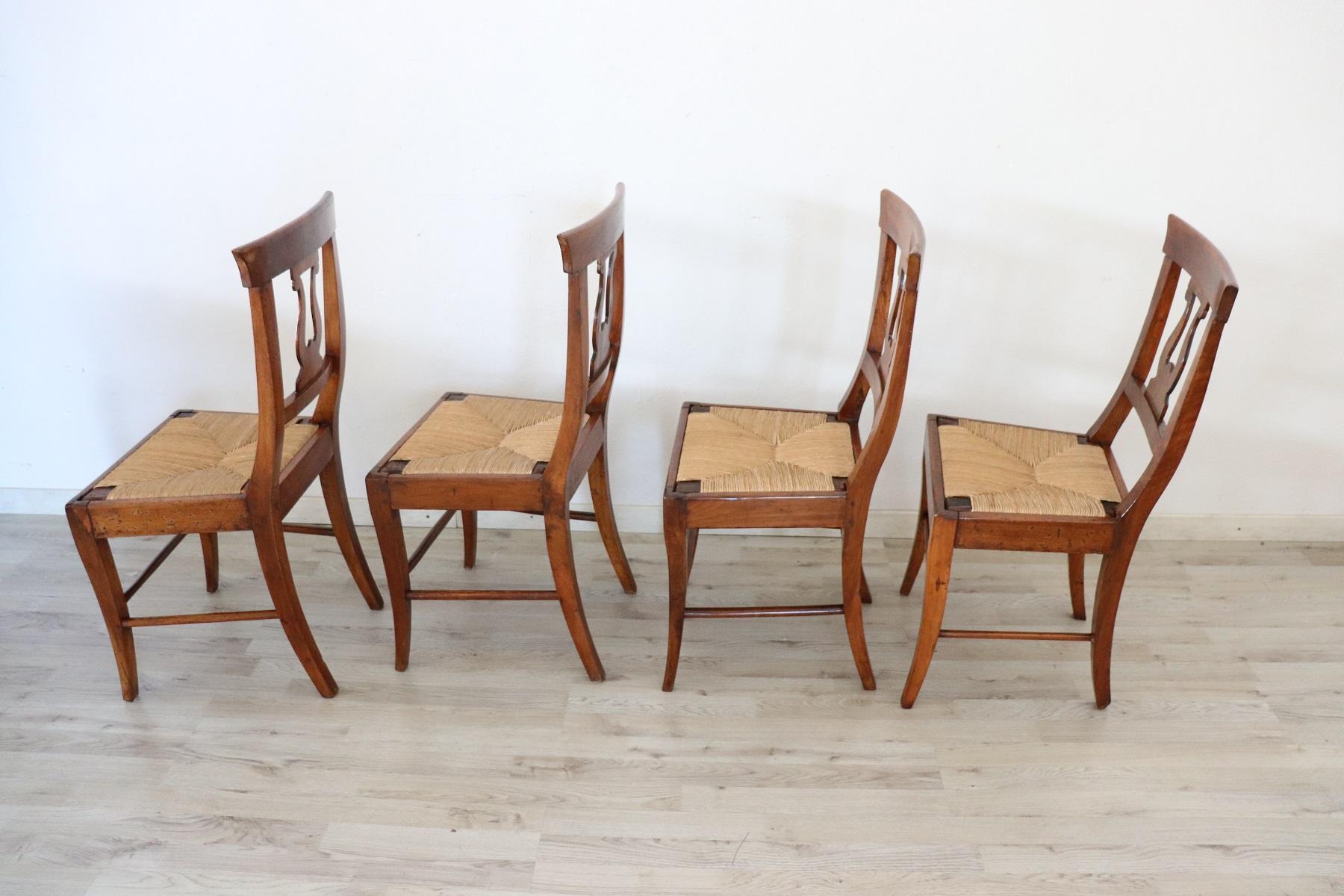 Early 19th Century Italian Empire Carved Walnut Wood Four Antique Chairs 2