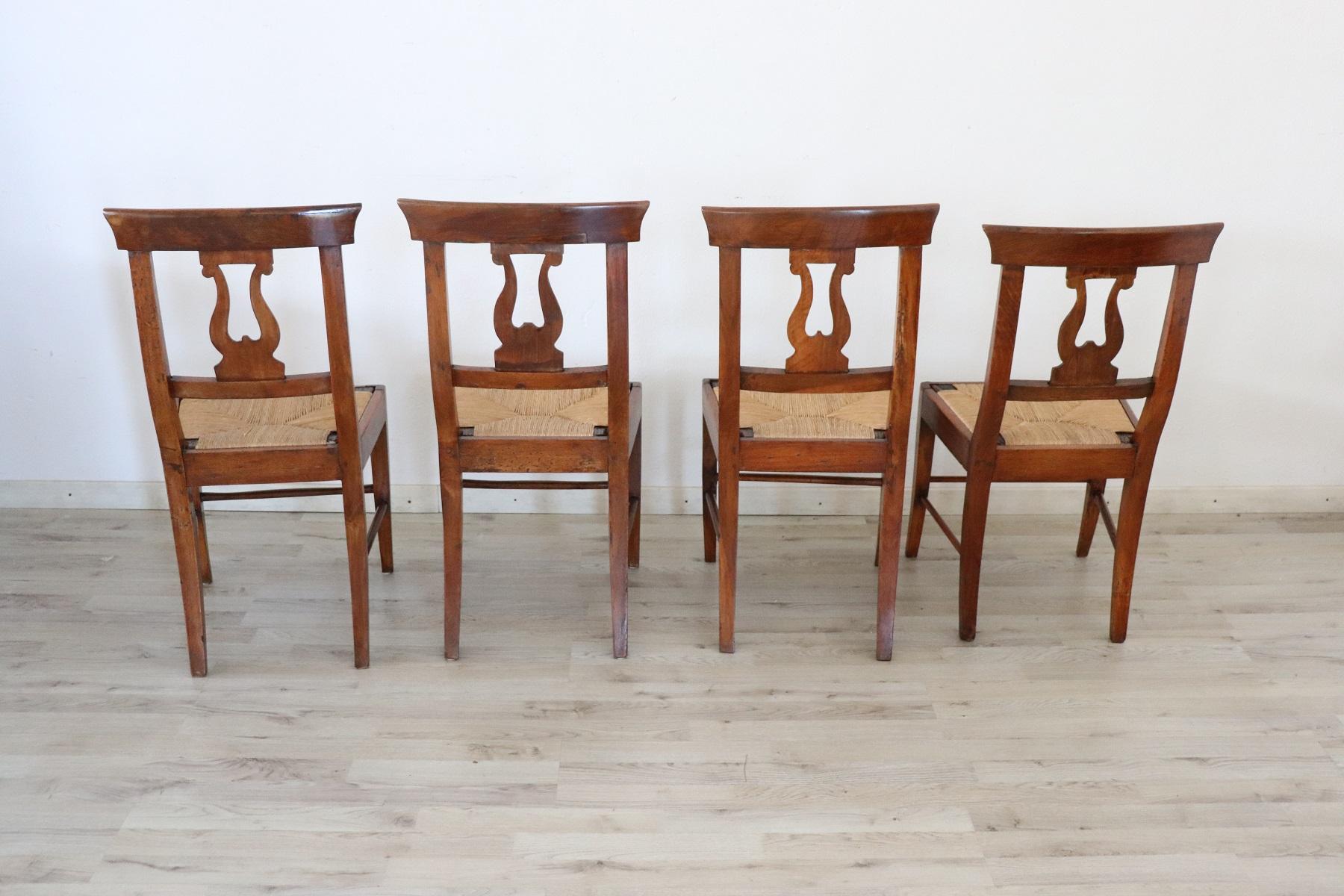 Early 19th Century Italian Empire Carved Walnut Wood Four Antique Chairs 3