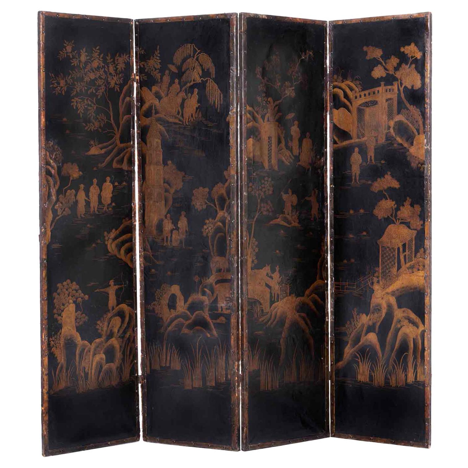 Early 19th Century Italian Screen Four Fold Black Leather Chinoiserie Decoration