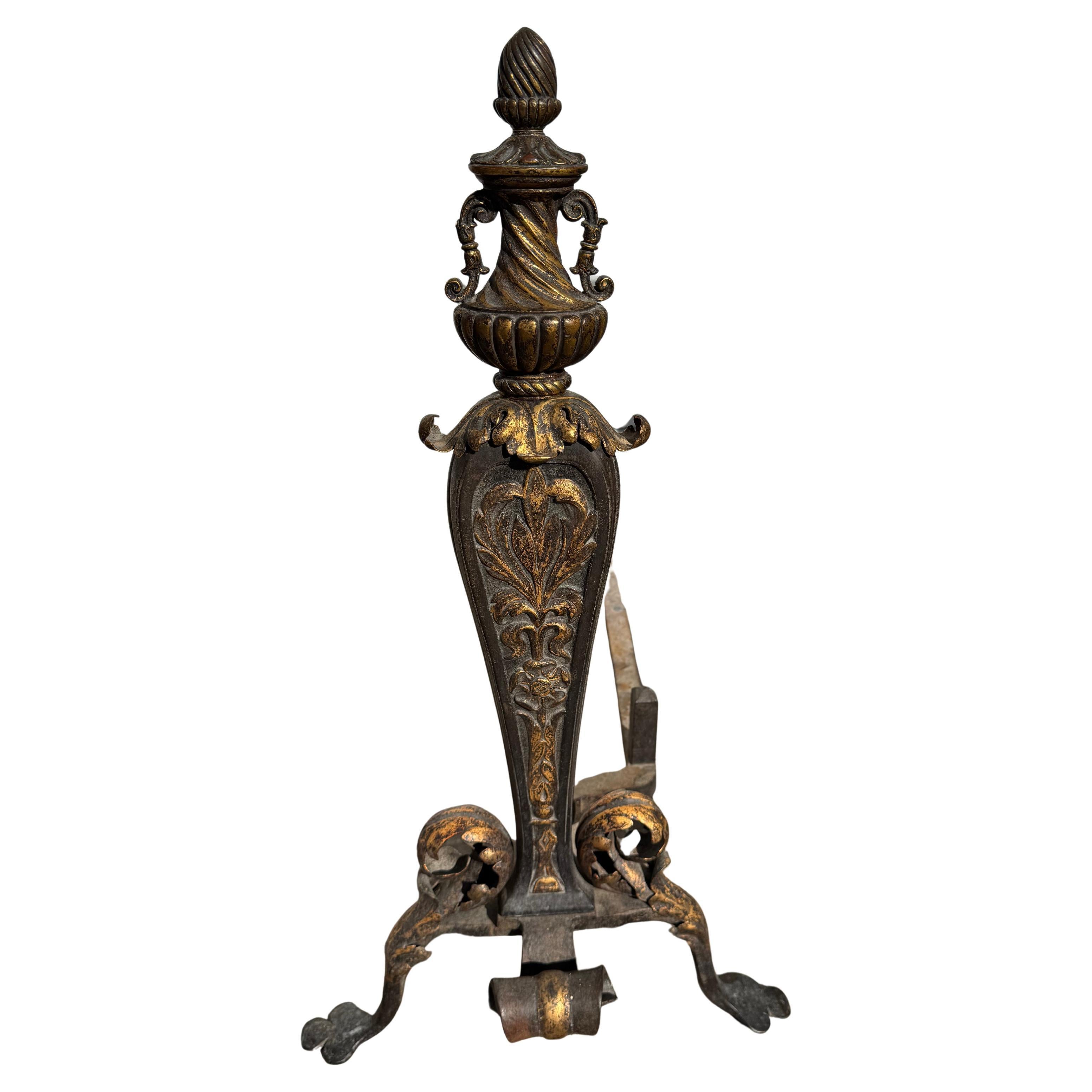 Early 19th Century Italian Gilt Wrought Iron Acanthus Andiron