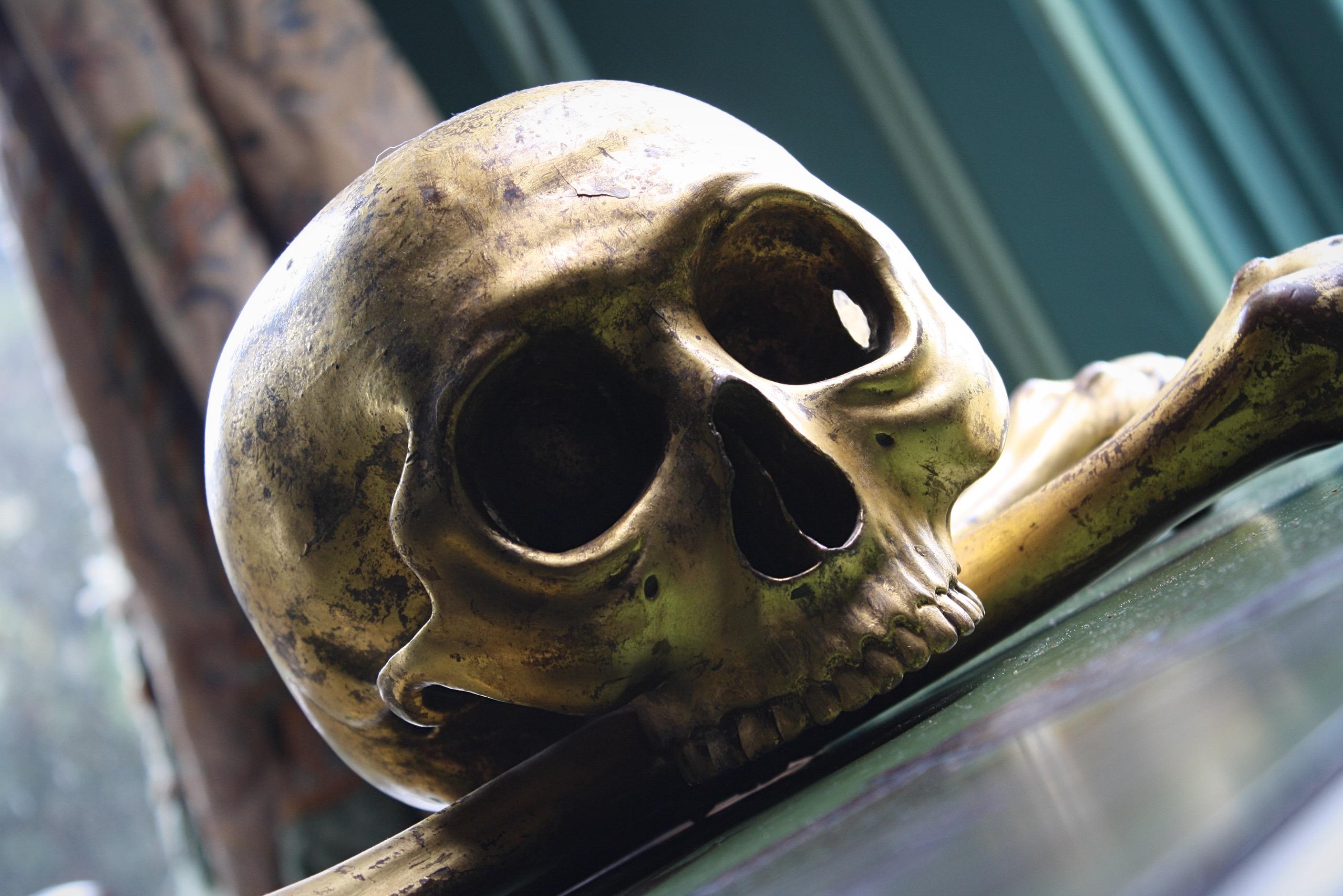 Memento Mori de calavera y huesos cruzados de madera dorada italiana de principios del siglo XIX Pino