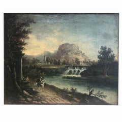 Early 19th Century Italian Landscape River View with Ruins and Figures Framed
