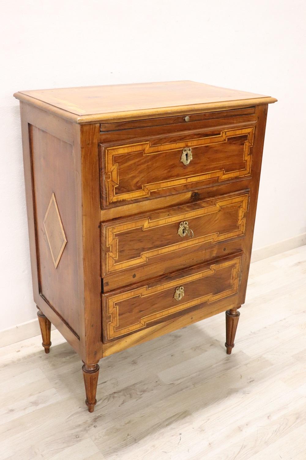 Inlay Early 19th Century Italian Louis XVI Style Inlaid Walnut Small Chest of Drawers For Sale