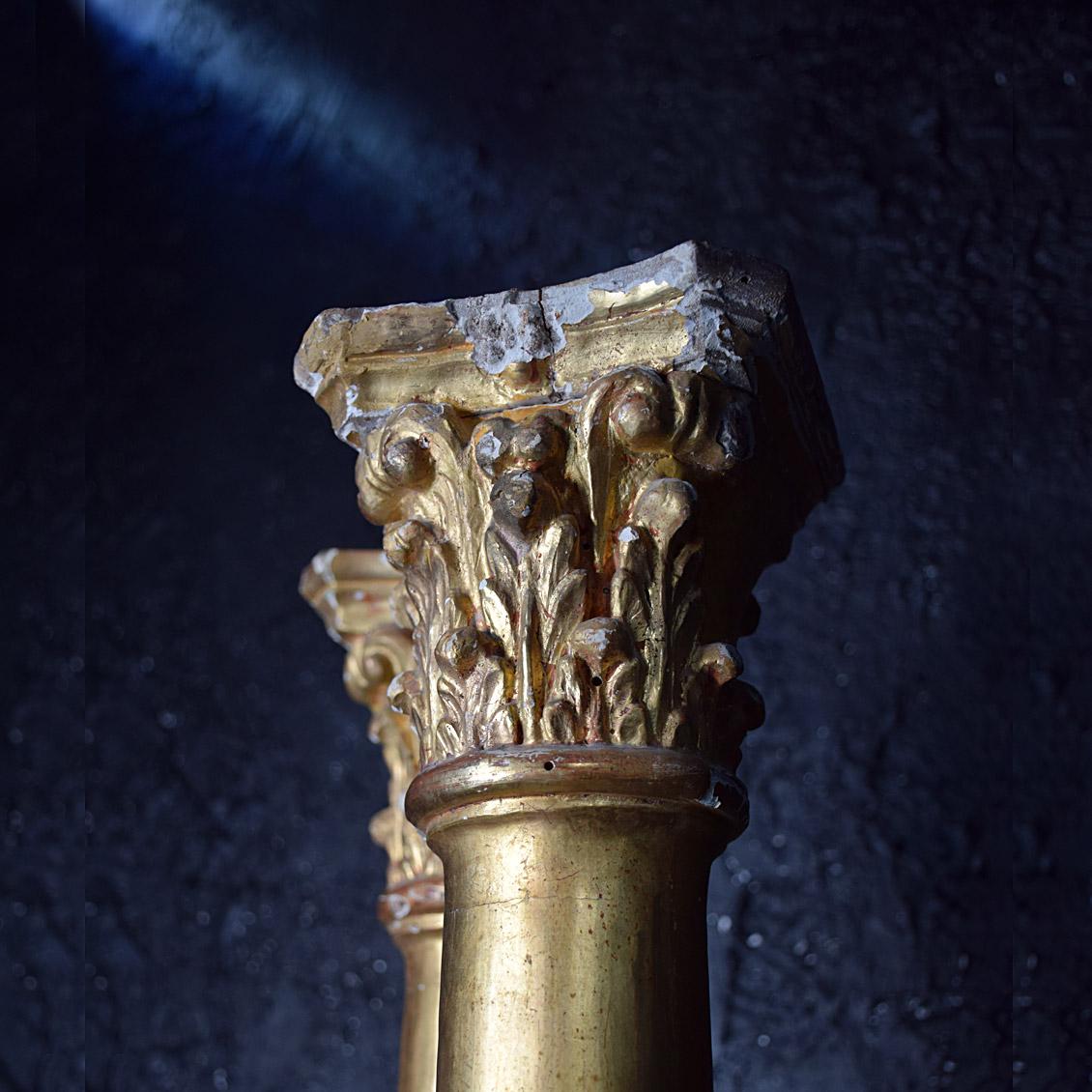 Early 19th century Italian pillars
We are proud to offer a highly decorative pair of early 19th century Italian pillars. Made from hand carved pine, hand-crafted gesso and painted in a rich gold gild finish. Unusual due to their size but able to