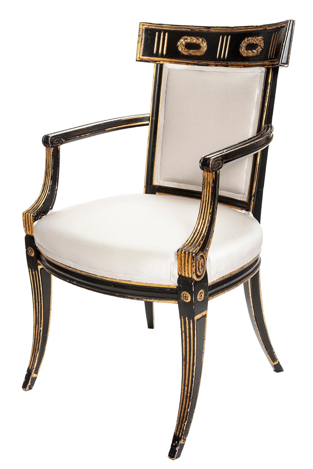 Hand-Carved Early 19th Century Hand Painted & Gilt Italian Regency Armchairs in Silk; a Pair For Sale