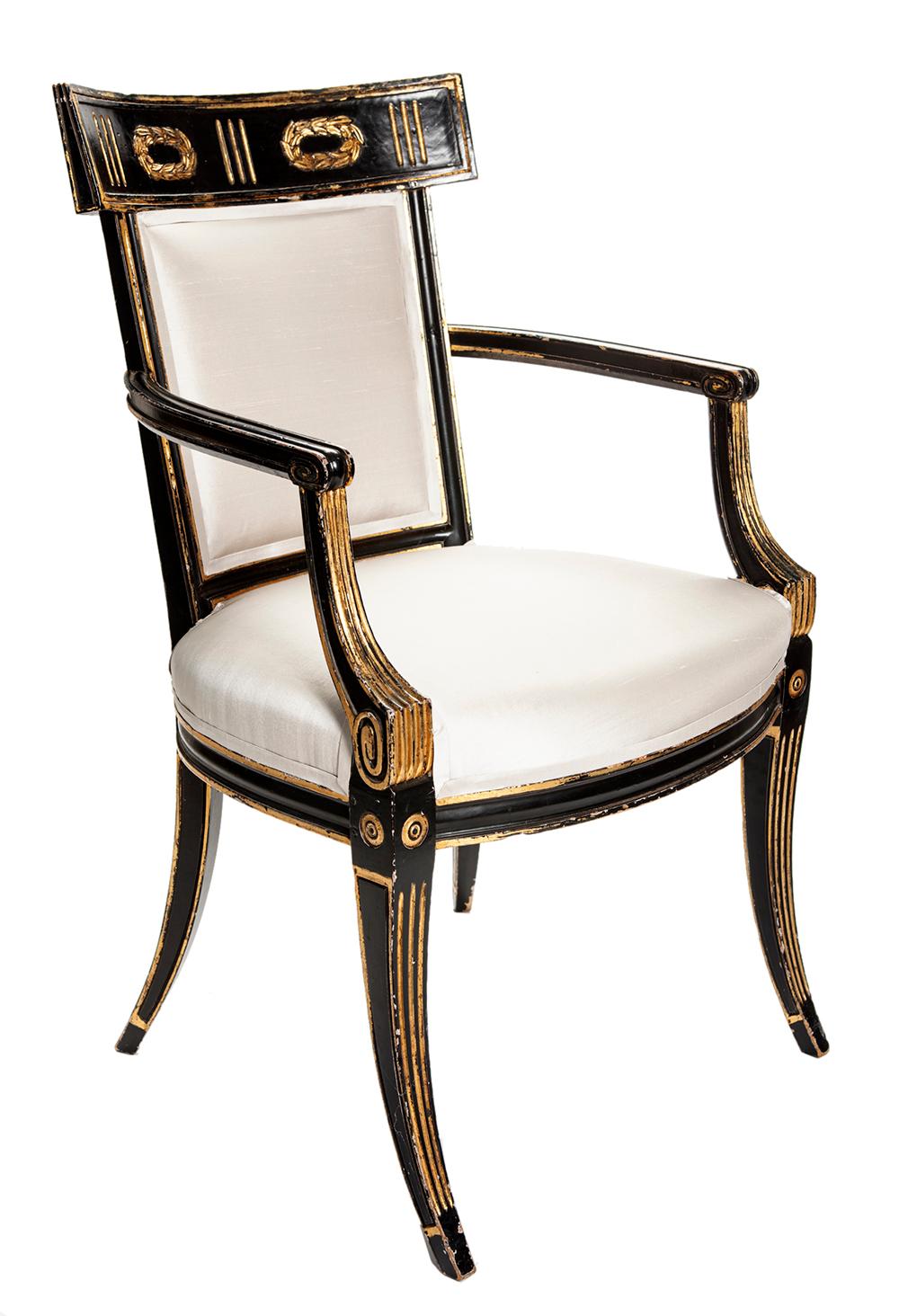 Early 19th Century Hand Painted & Gilt Italian Regency Armchairs in Silk; a Pair In Good Condition For Sale In Malibu, CA