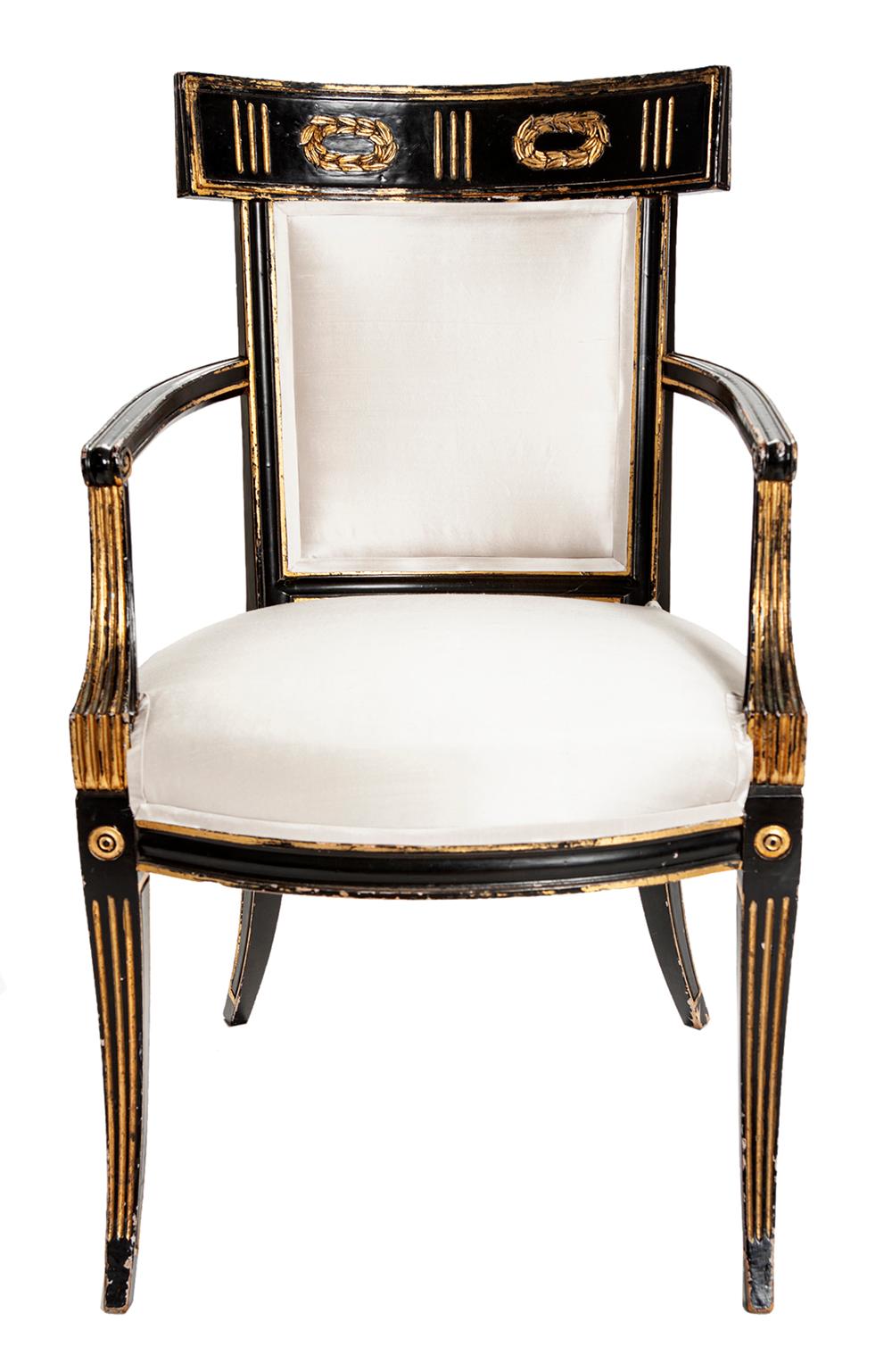 Hardwood Early 19th Century Hand Painted & Gilt Italian Regency Armchairs in Silk; a Pair For Sale