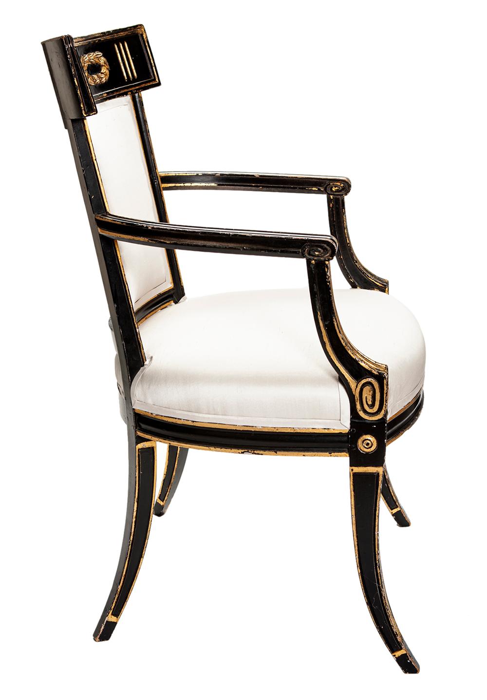 Early 19th Century Hand Painted & Gilt Italian Regency Armchairs in Silk; a Pair For Sale 1