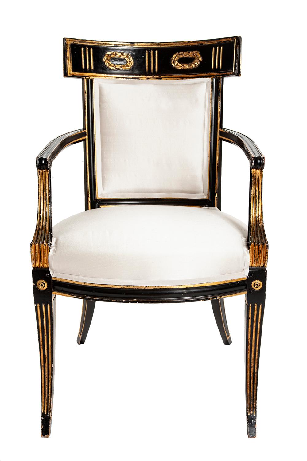 Early 19th Century Hand Painted & Gilt Italian Regency Armchairs in Silk; a Pair For Sale 3