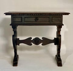 Early 19th Century Italian Renaissance Carved Oak Trestle Base Table with Patina
