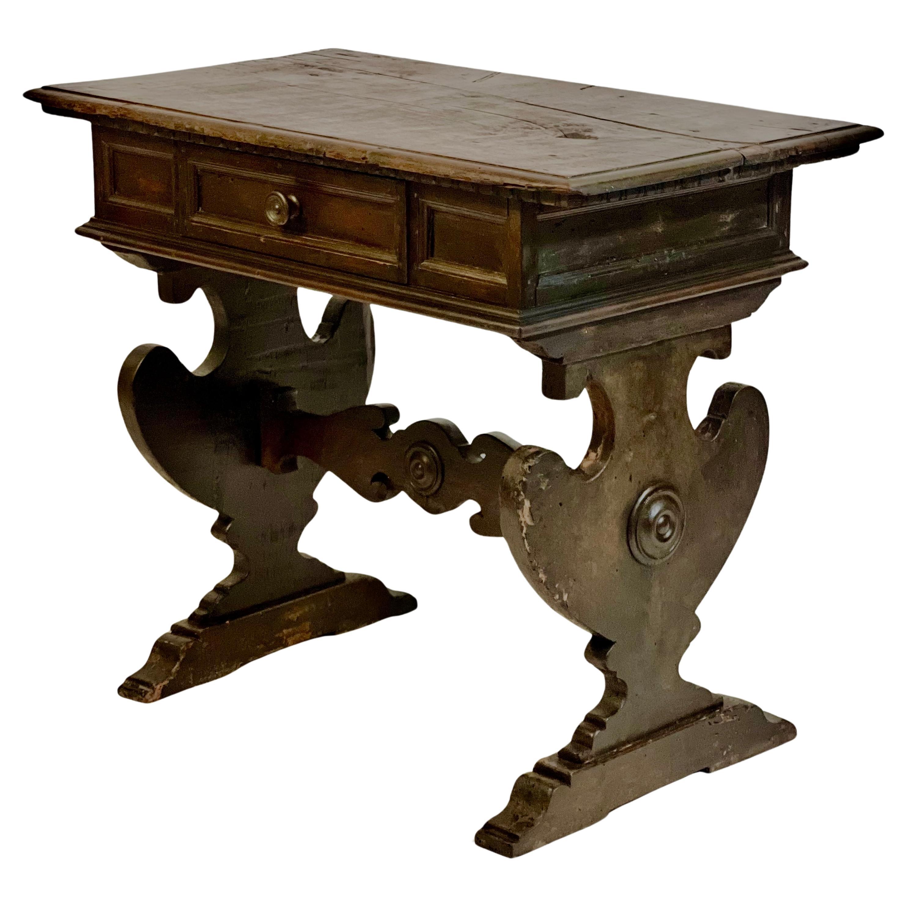 Early 19th Century Italian Renaissance Carved Oak Trestle Base Table with Patina For Sale