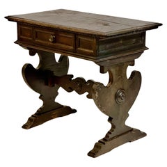 Antique Early 19th Century Italian Renaissance Carved Oak Trestle Base Table with Patina