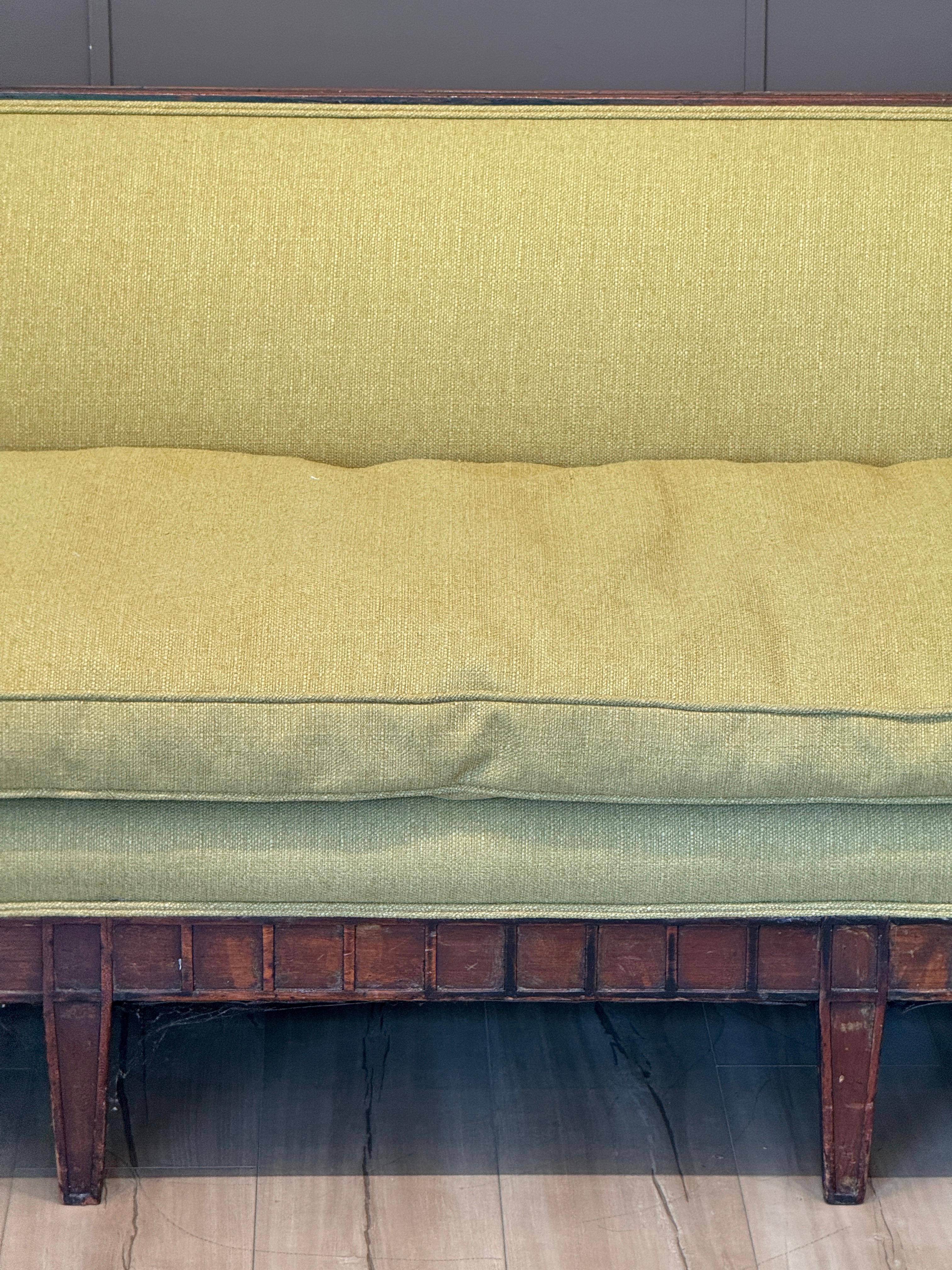 Hand-Crafted Early 19th Century Italian Upholstered Sofa With Carved Walnut Frame For Sale