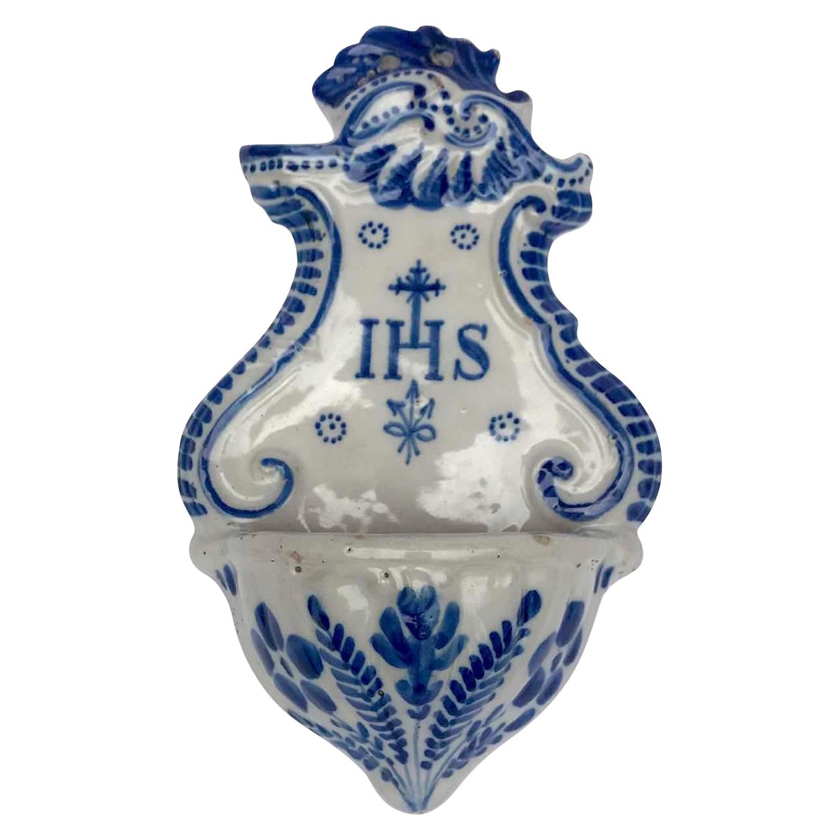 Early 19th Century Italian White and Blue Ceramic Holy Water Font