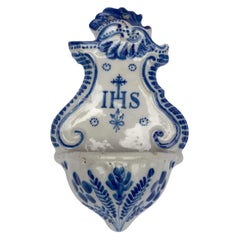 Early 19th Century Italian White and Blue Ceramic Holy Water Font