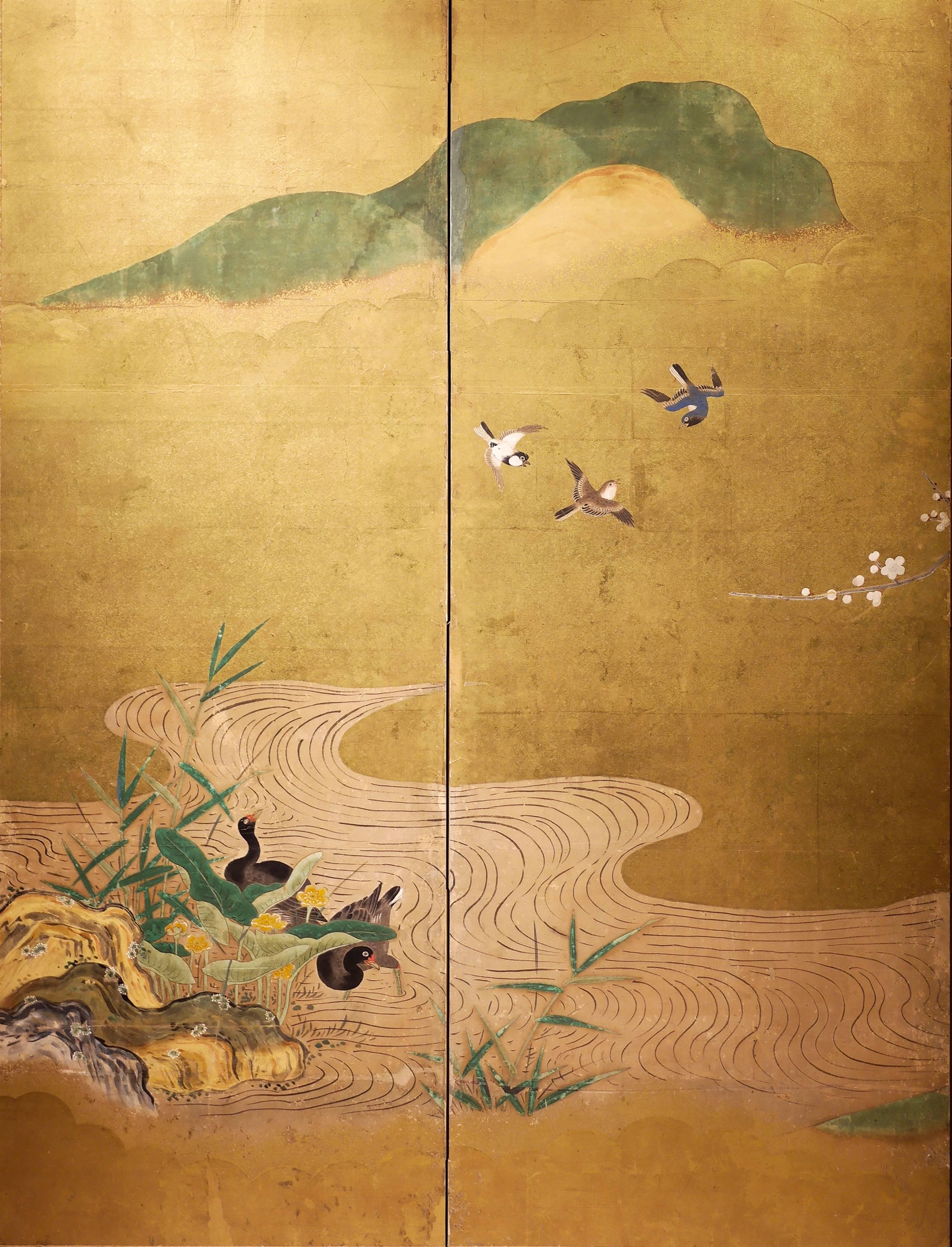 Kare-e (Chinese style painting) has a profound influence on Japanese screen painting. Here in this early 19th century screen, tiny birds, ducks, and plum trees depicted with acute observational skill demonstrate how the Japanese painter combined the