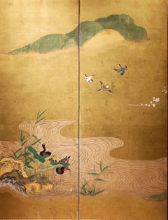 Early 19th, Japanese Folding Screen with Birds and Plum Trees, Edo period