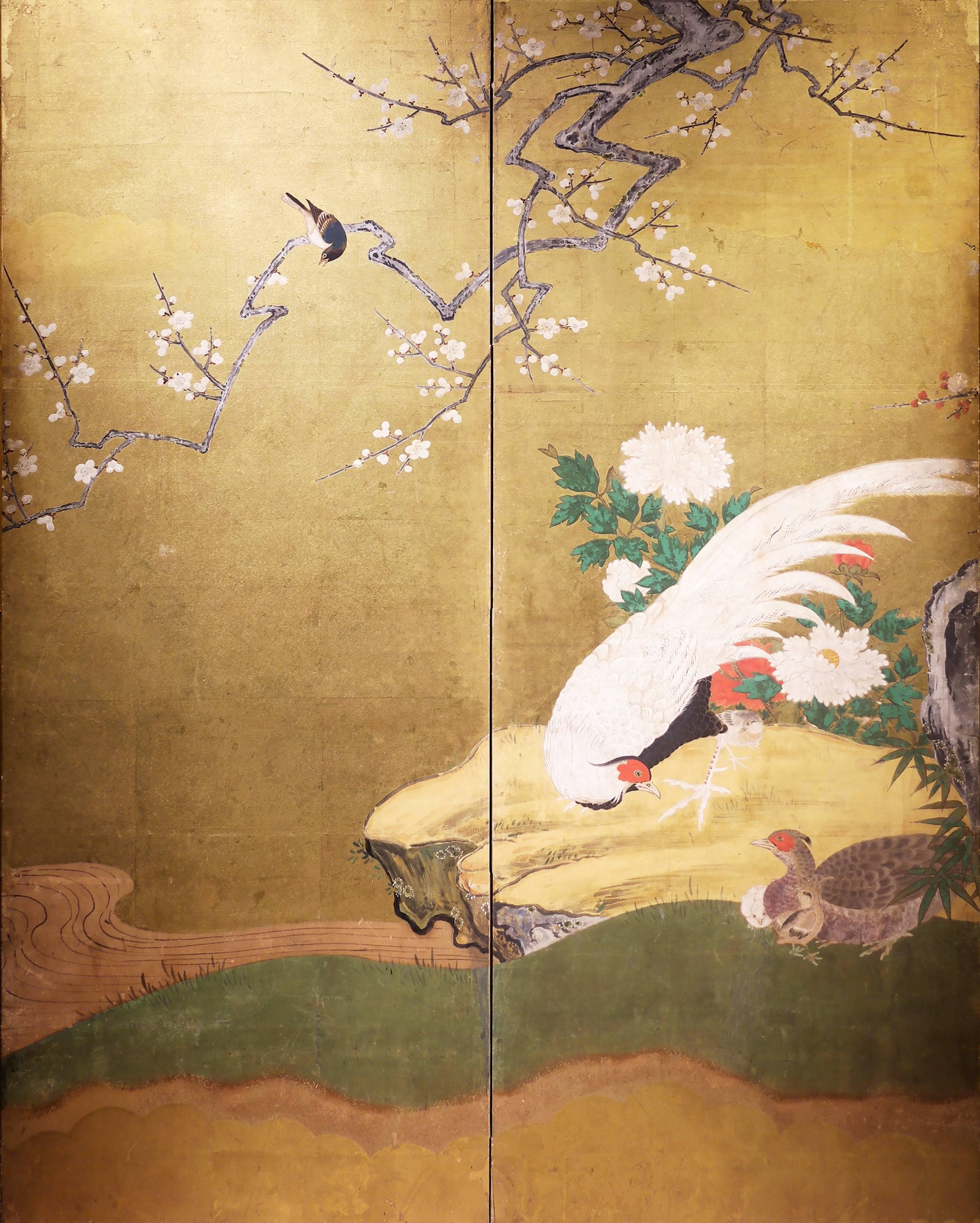 Painted Early 19th, Japanese Folding Screen with Birds and Plum Trees, Edo period For Sale