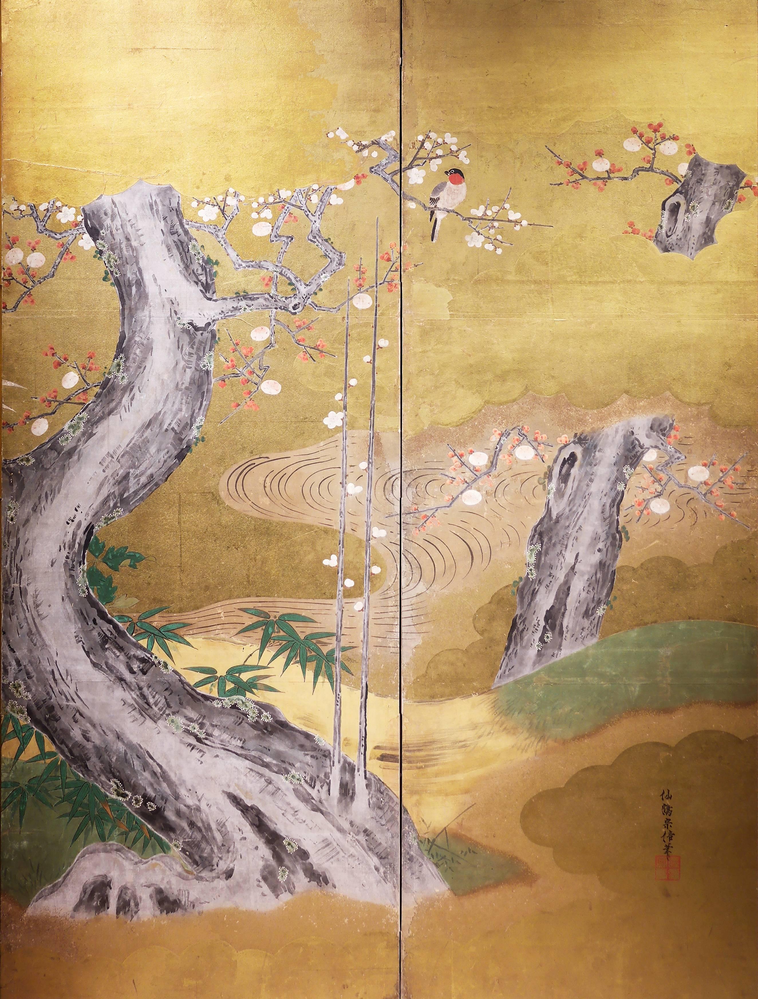 Early 19th, Japanese Folding Screen with Birds and Plum Trees, Edo period In Good Condition For Sale In Central Hong-Kong, HK