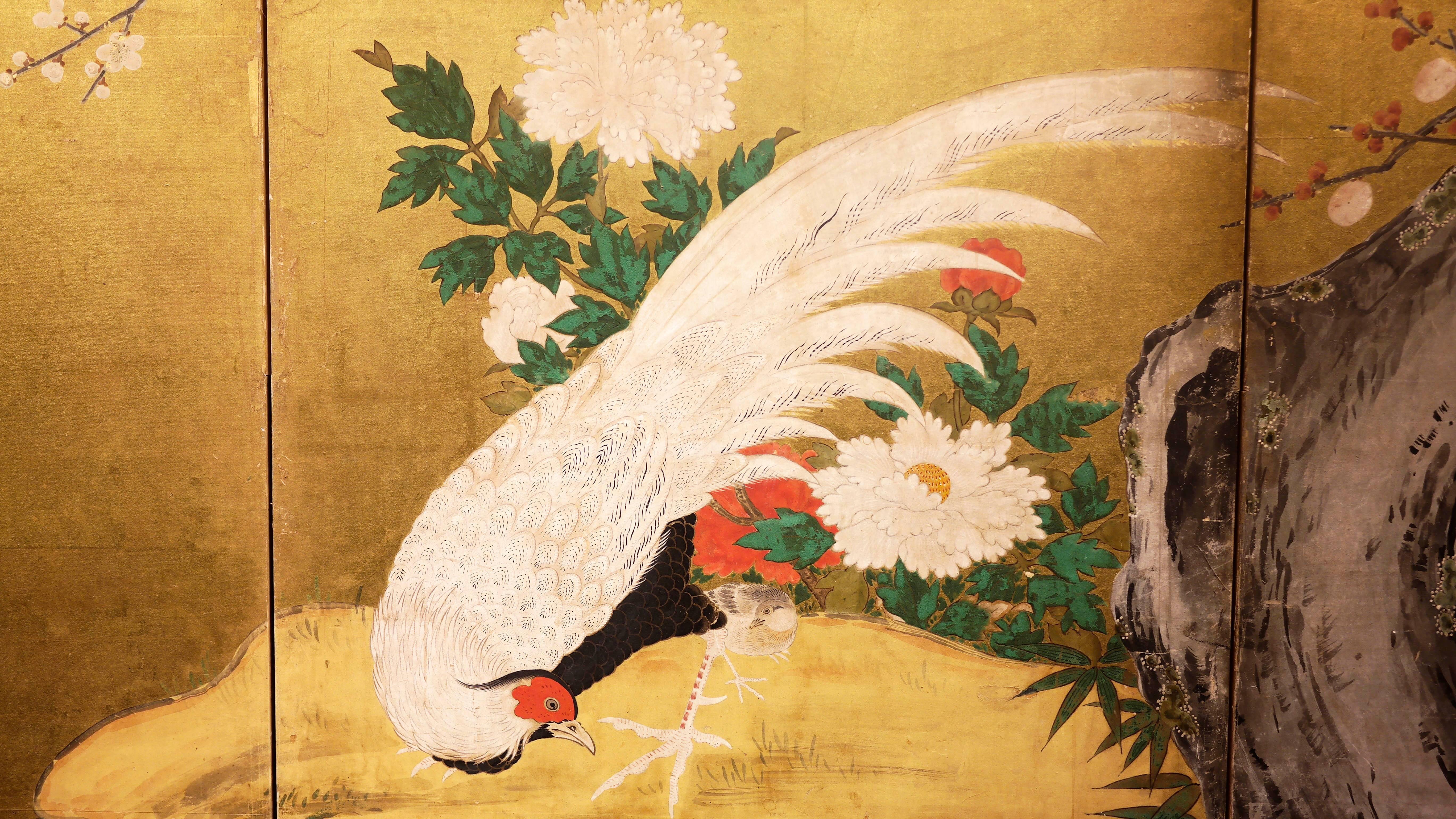 19th Century Early 19th, Japanese Folding Screen with Birds and Plum Trees, Edo period For Sale