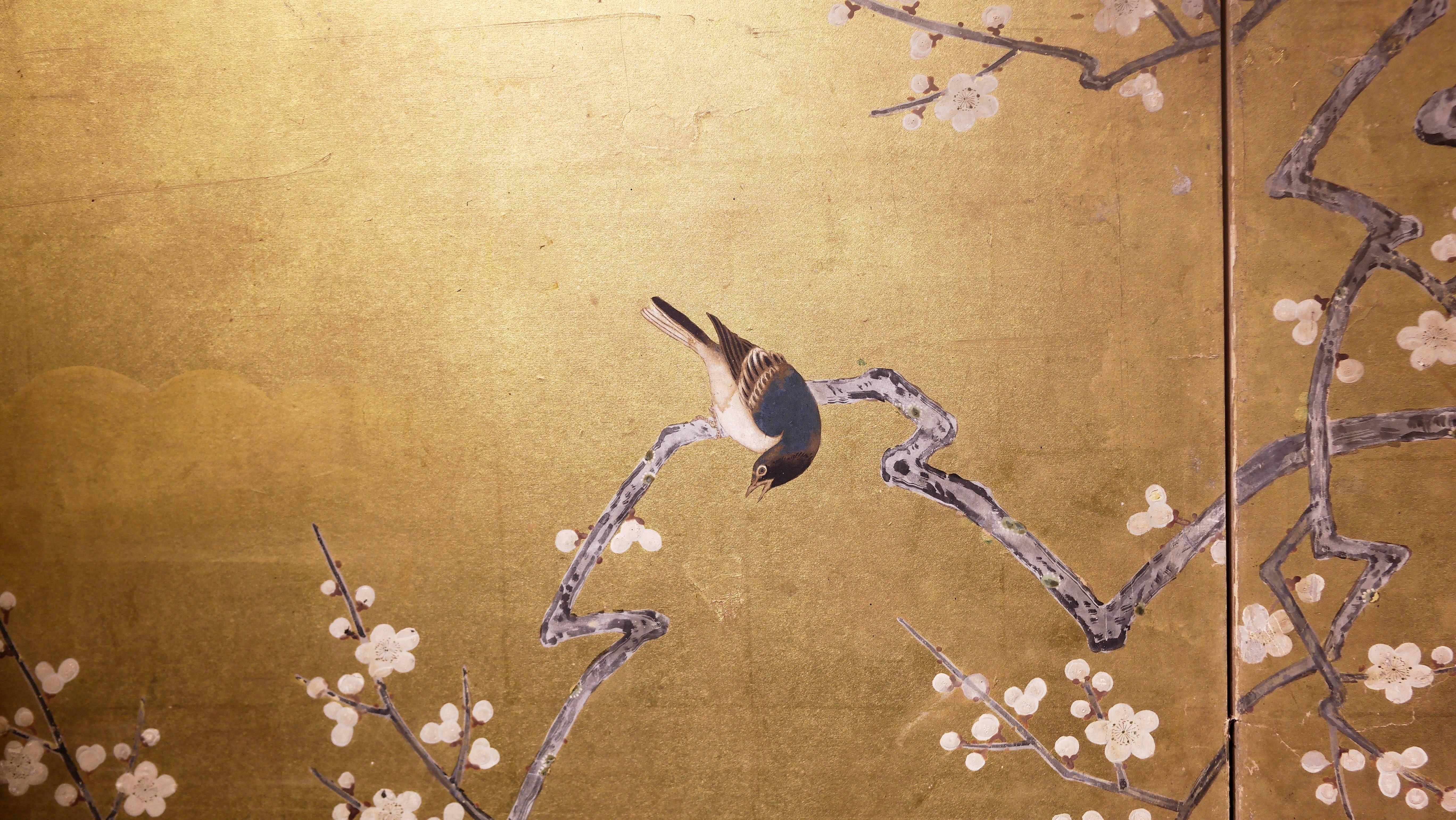 Early 19th, Japanese Folding Screen with Birds and Plum Trees, Edo period For Sale 2