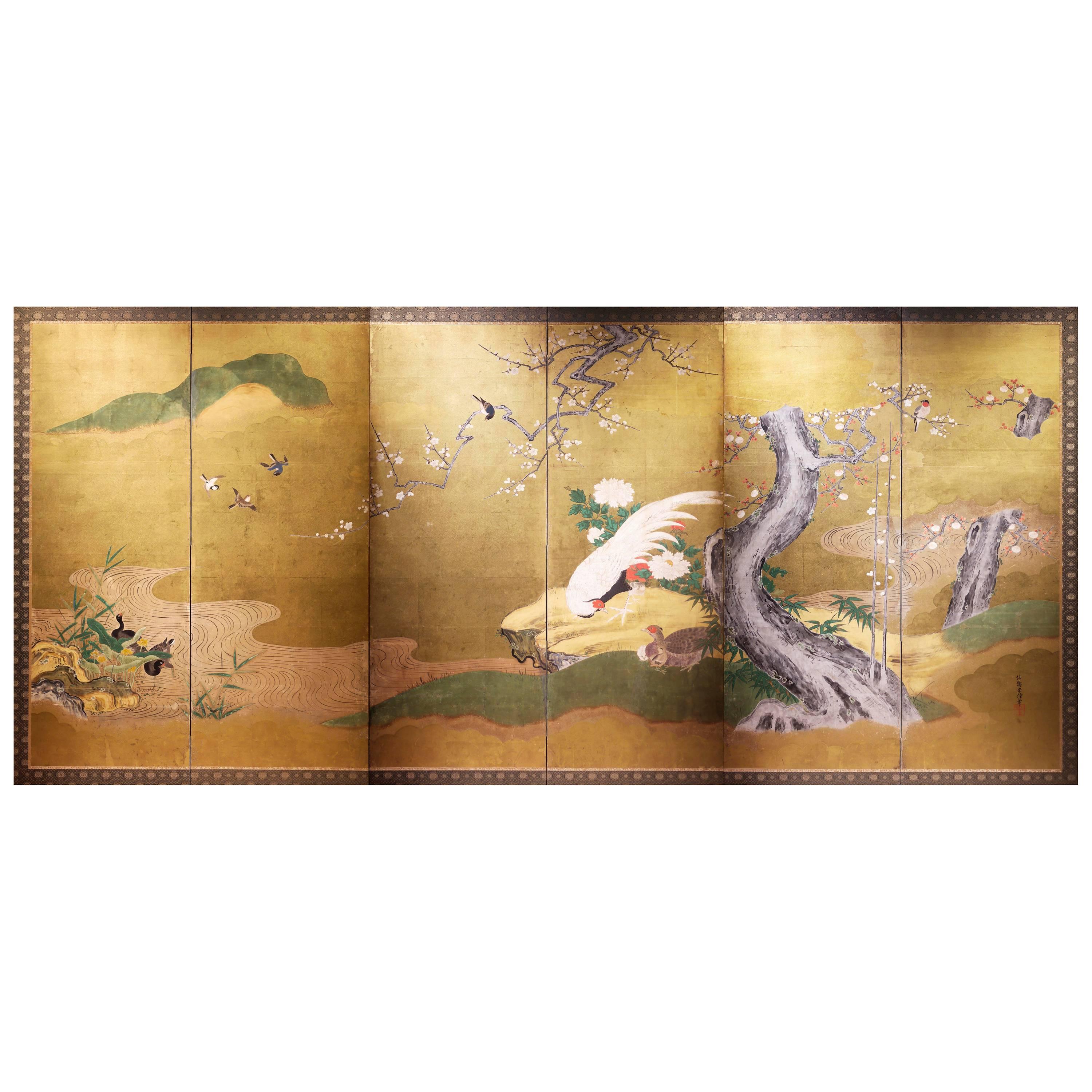 Early 19th, Japanese Folding Screen with Birds and Plum Trees, Edo period For Sale