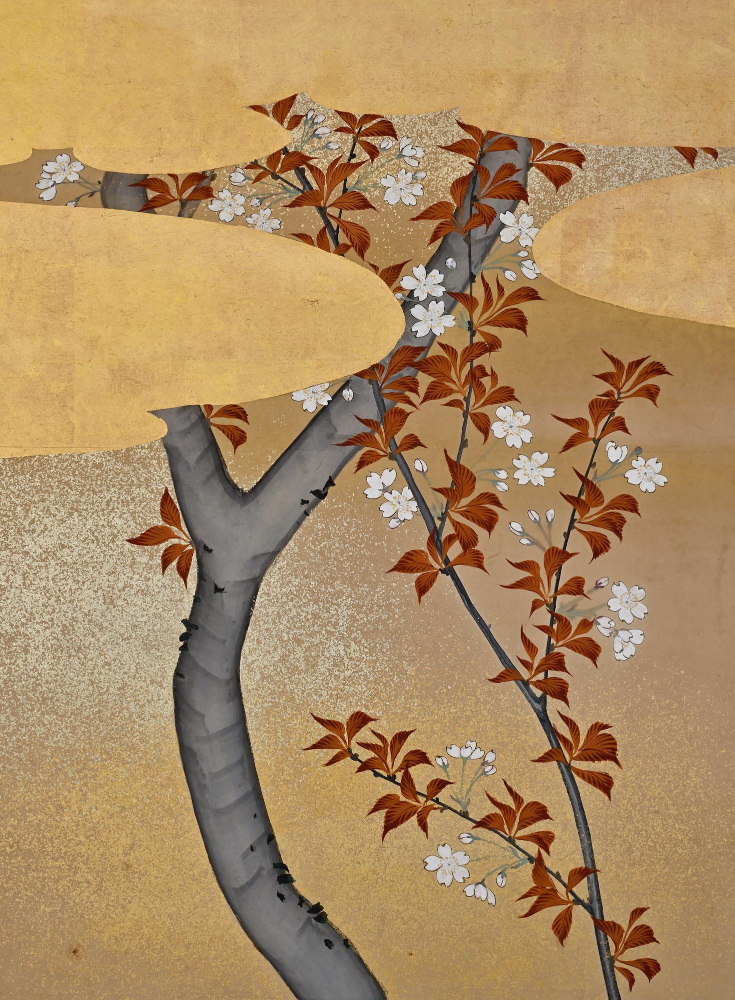 Mori Tetsuzan (1775-1841)

Fasane und Kirschblüten

Zweifacher japanischer Bildschirm. Tusche, Farbe, Gofun, Gold und Silber auf Papier.

Ein zweifacher japanischer Vogel- und Blumenschirm des Künstlers Mori Tetsuzan aus dem 19. Jahrhundert. Die