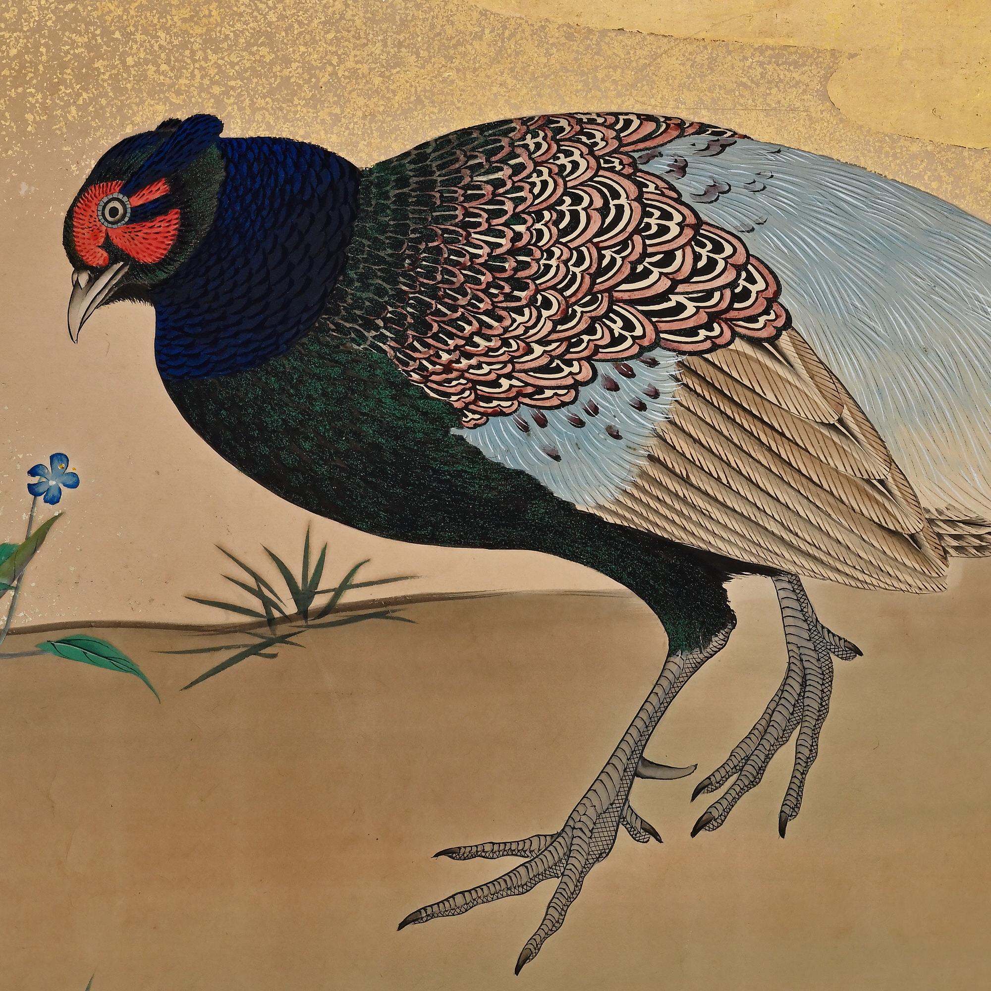 Japanischer Raumteiler des frühen 19. Jahrhunderts. Kirschbaumholz- und Pheasants von Mori Tetsuzan (Handbemalt) im Angebot