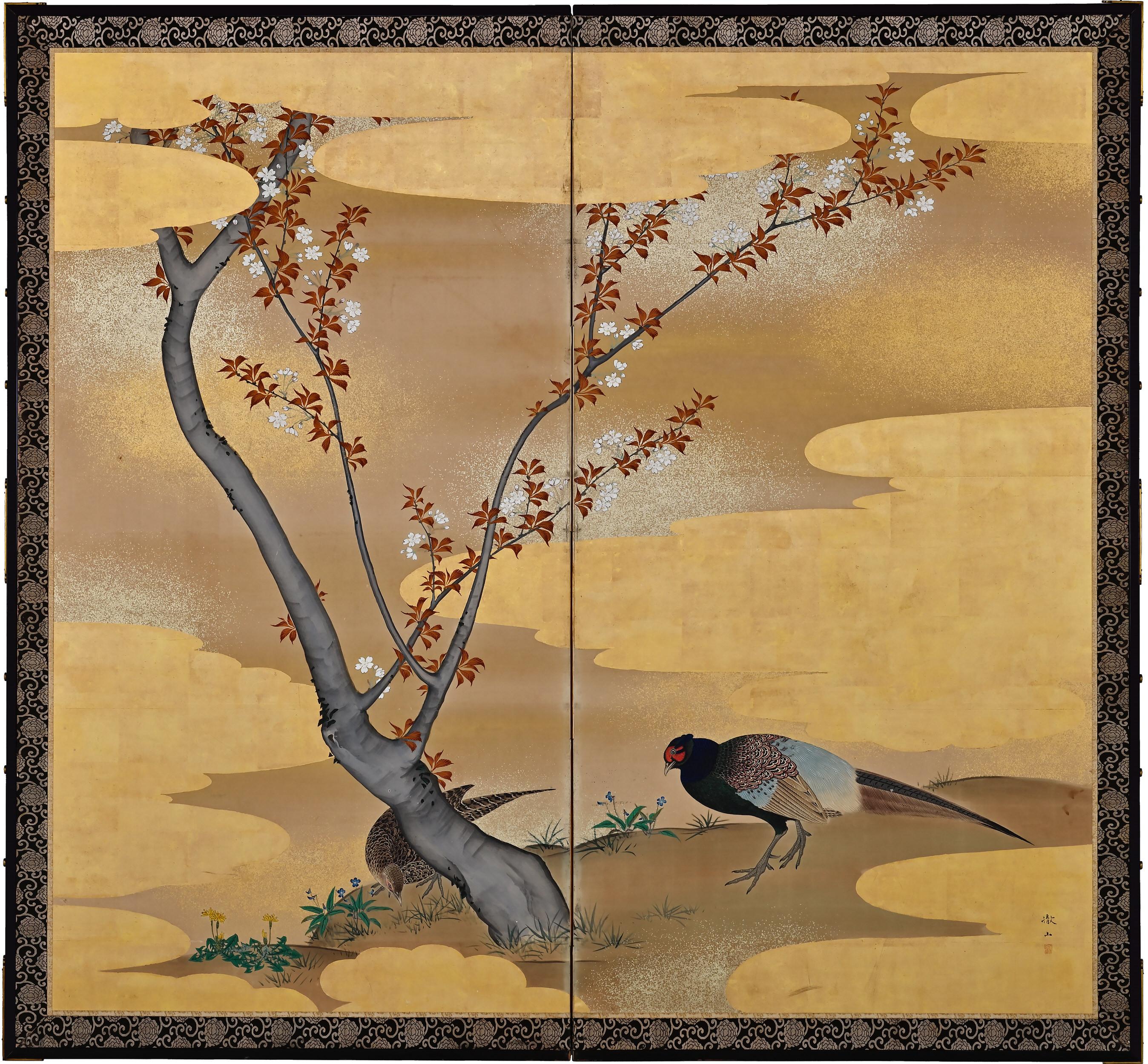 Japanischer Raumteiler des frühen 19. Jahrhunderts. Kirschbaumholz- und Pheasants von Mori Tetsuzan im Angebot