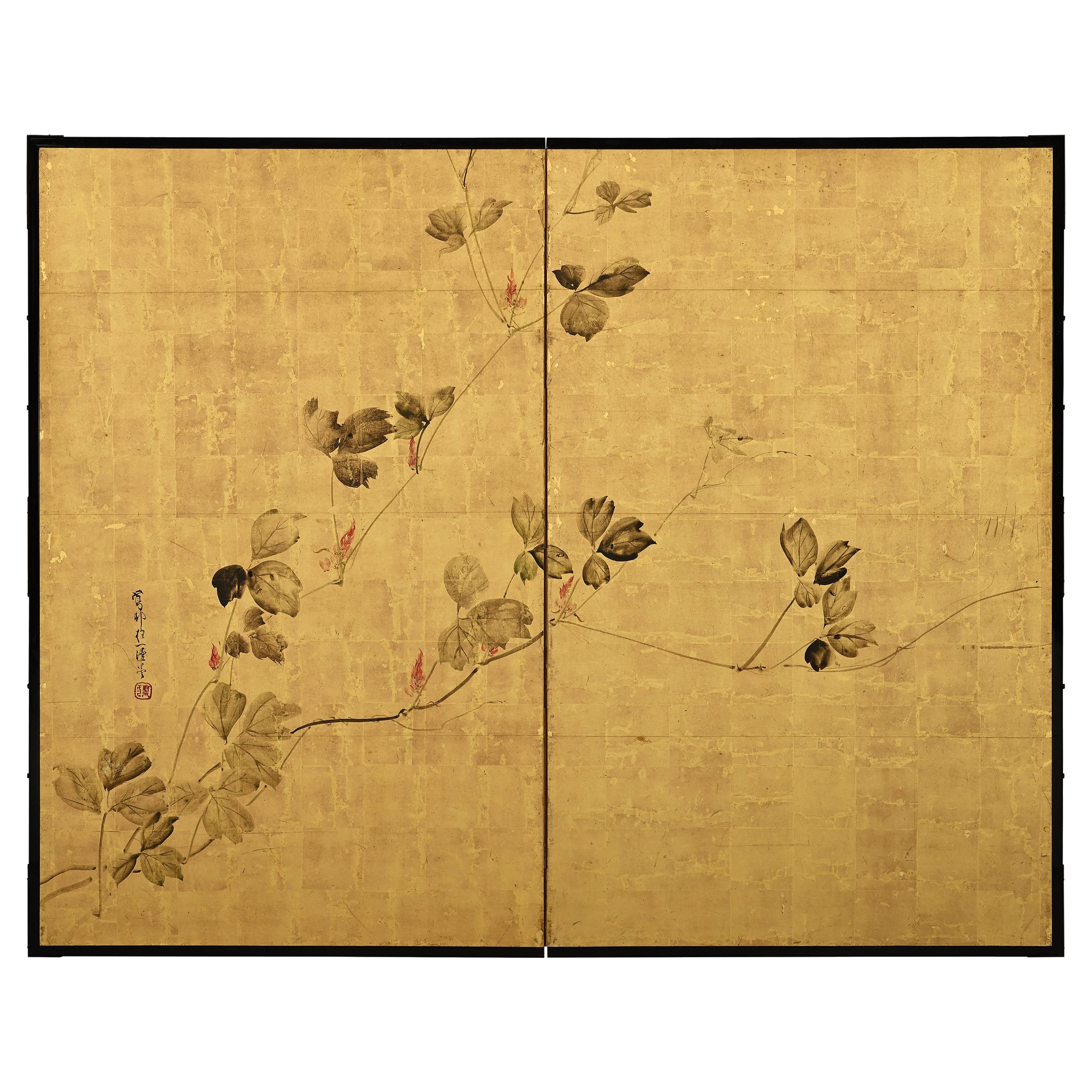 Early 17th Century Japanese Rinpa School Screen with Birds and Flowers