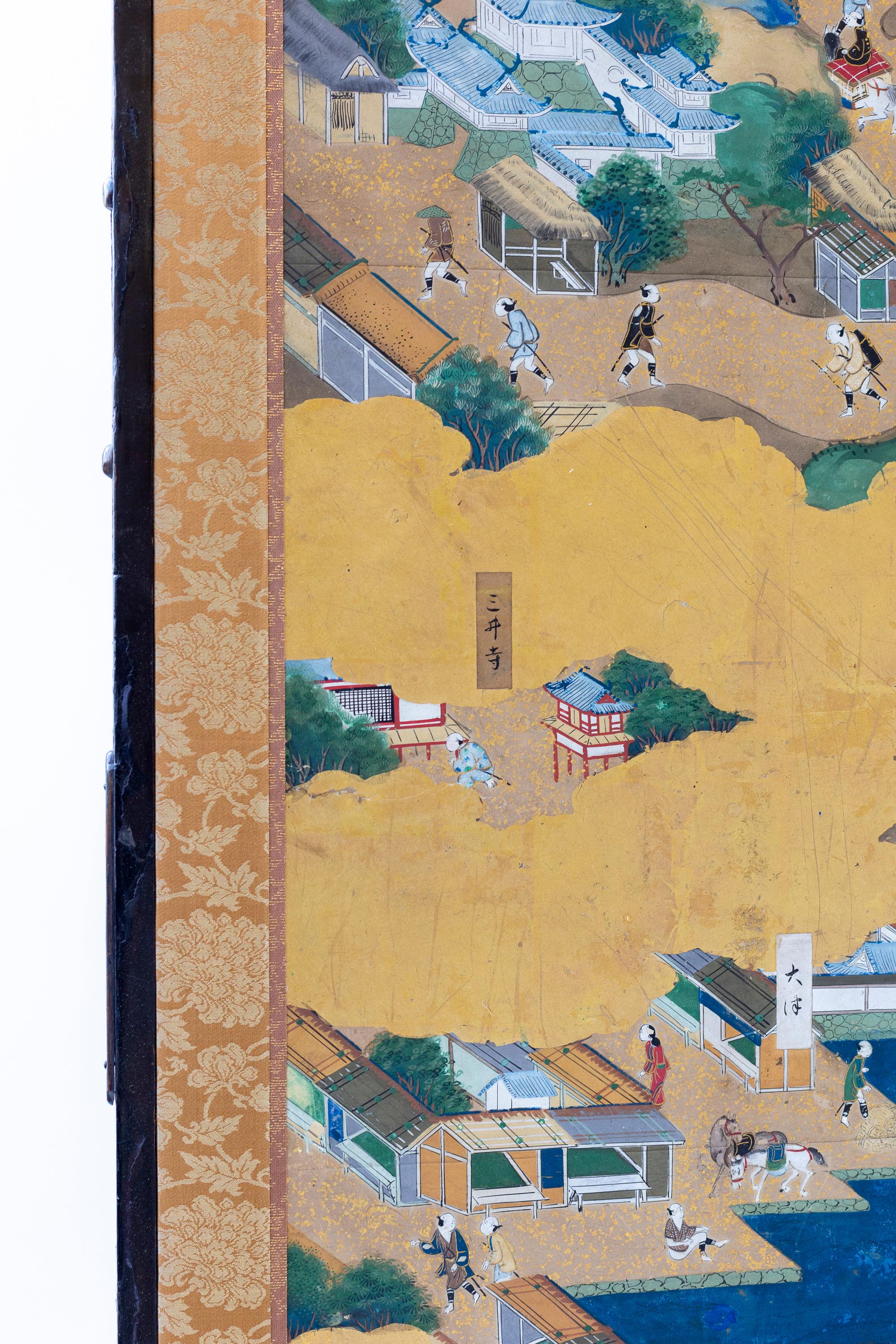 19th Century Early 19th century Japanese Screen with Village Scenes, on Gold Leaf For Sale