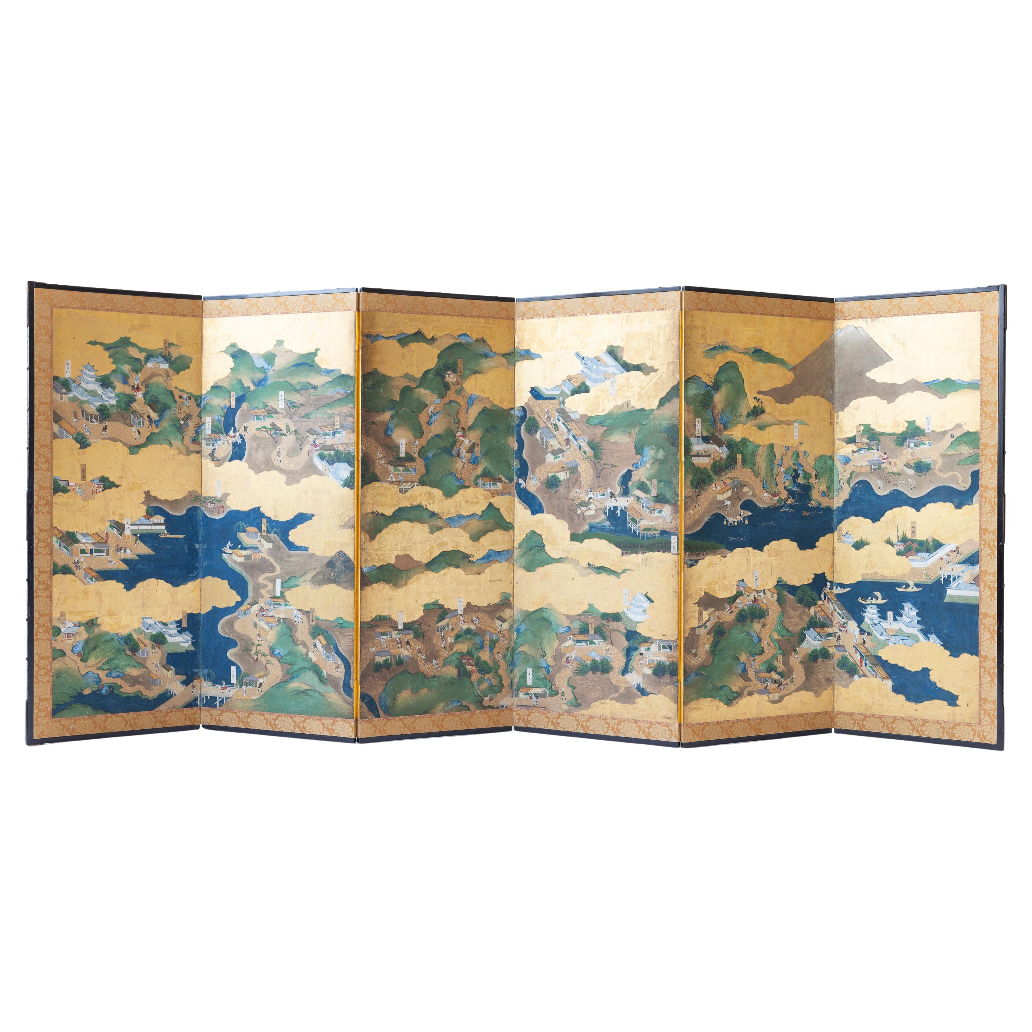 Paravent japonais du début du XIXe siècle avec scènes de village, sur feuilles d
or