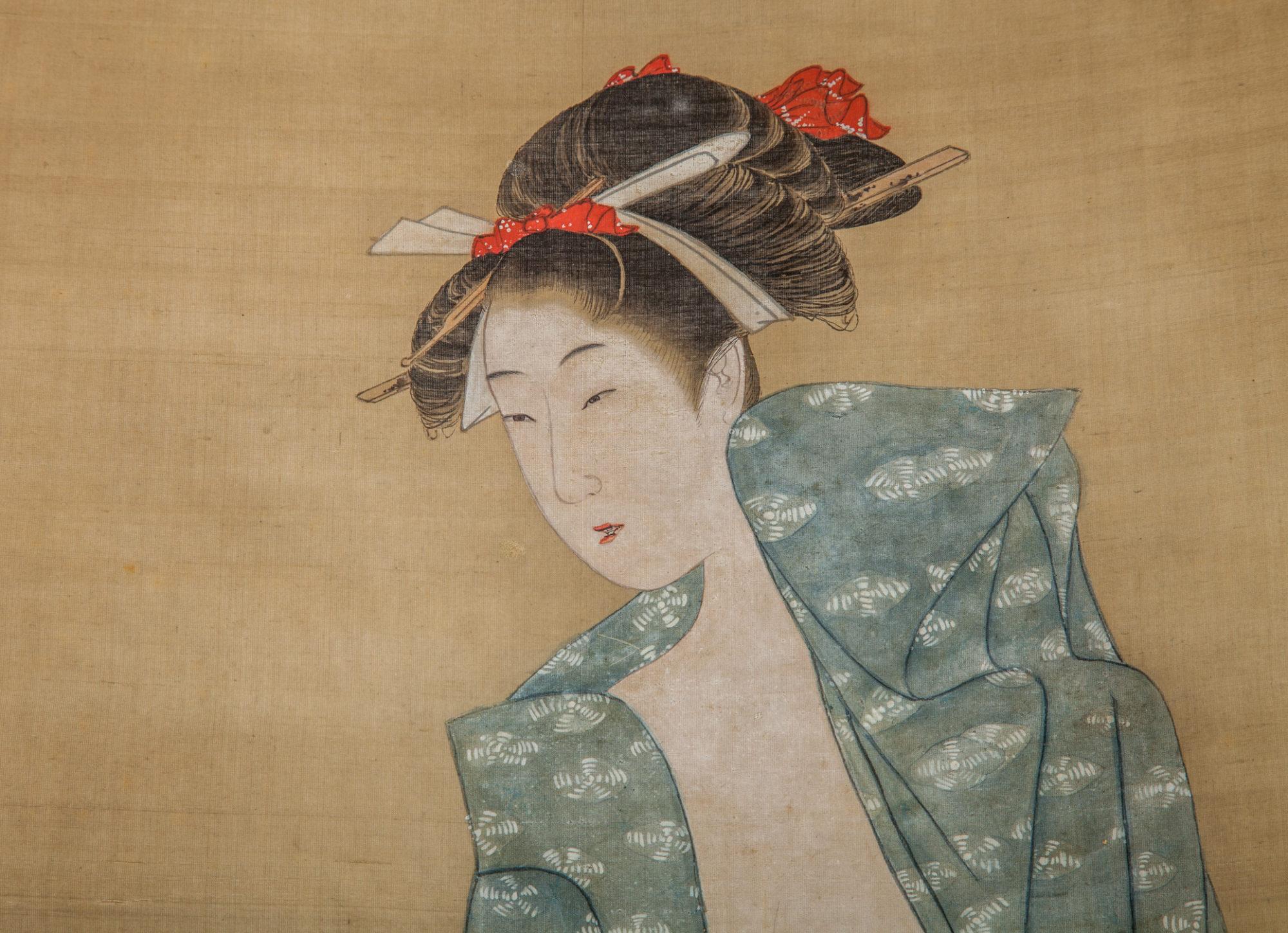 Japonais Rouleau japonais du début du 19e siècle Bijin après le bain en été en vente