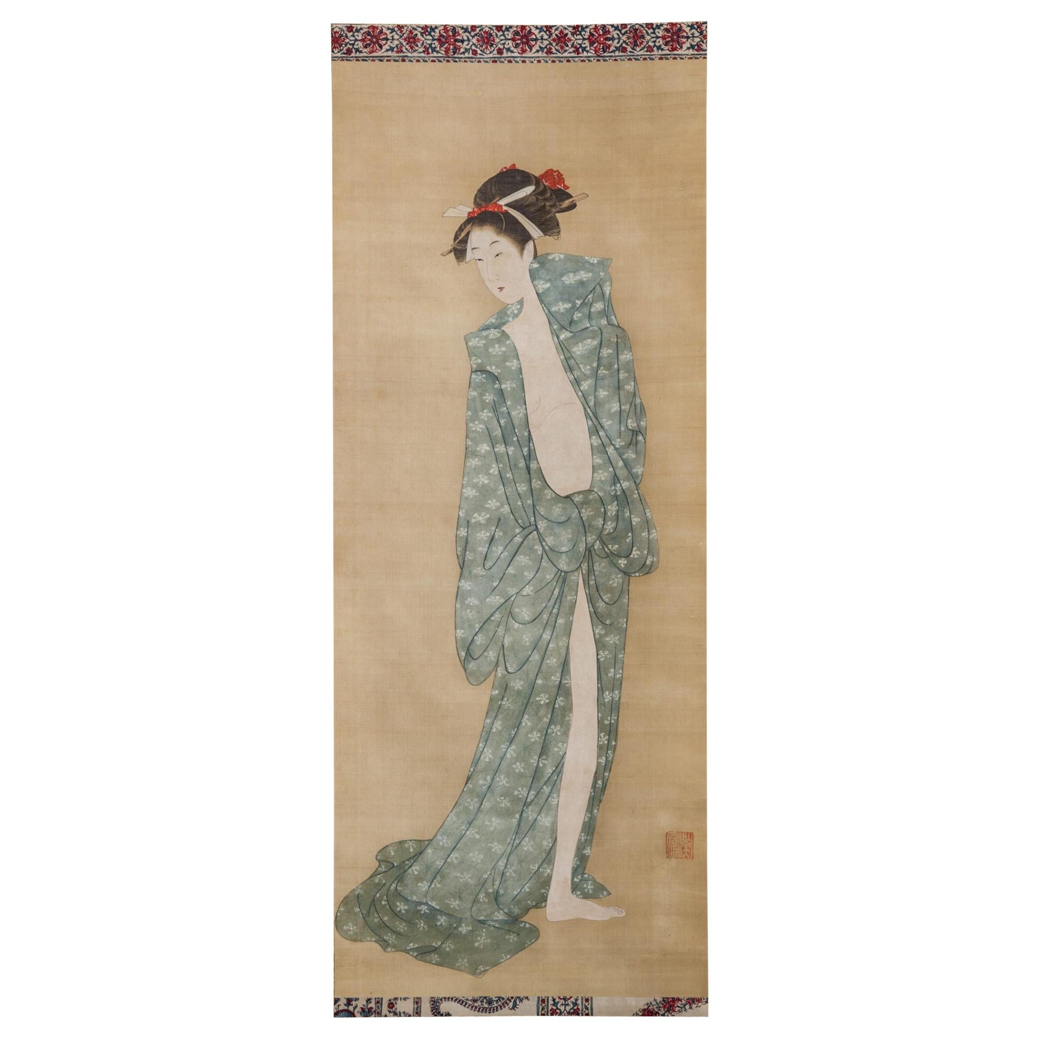 Rouleau japonais du début du 19e siècle Bijin après le bain en été en vente
