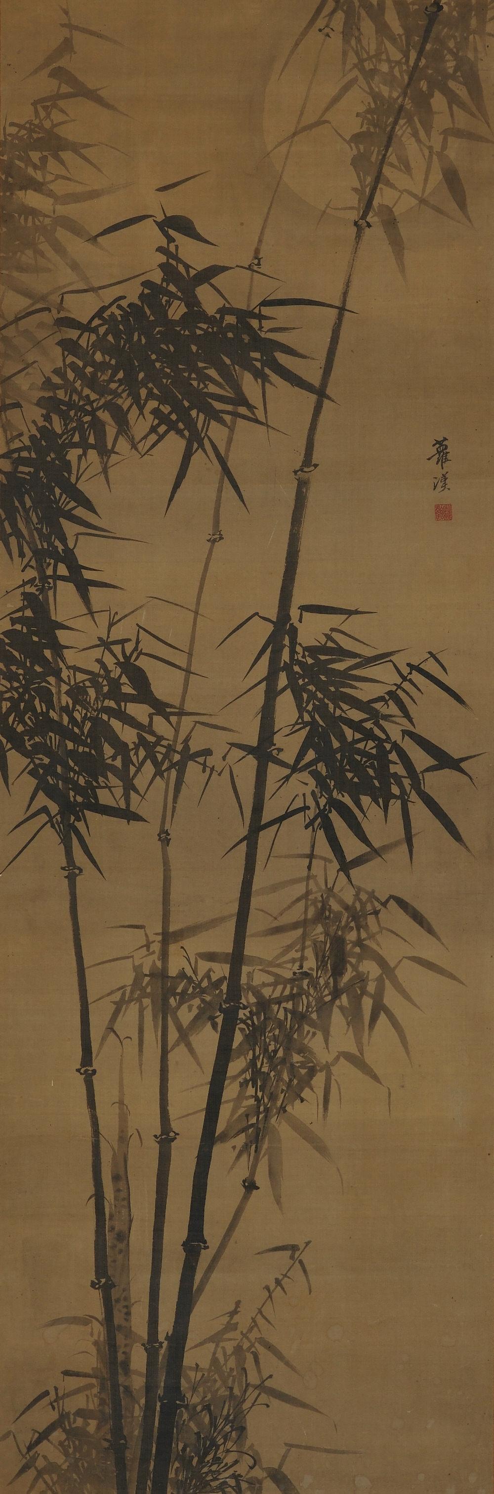 Bamboo in moonlight

Gamo Rakan (1784-1866)

Hanging scroll, ink on silk.

Dimensions:

Scroll: 201 cm x 58 cm

Image: 137 cm x 45 cm

In this early 19th century work by Gamo Rakan a light ink wash applied to the silk background