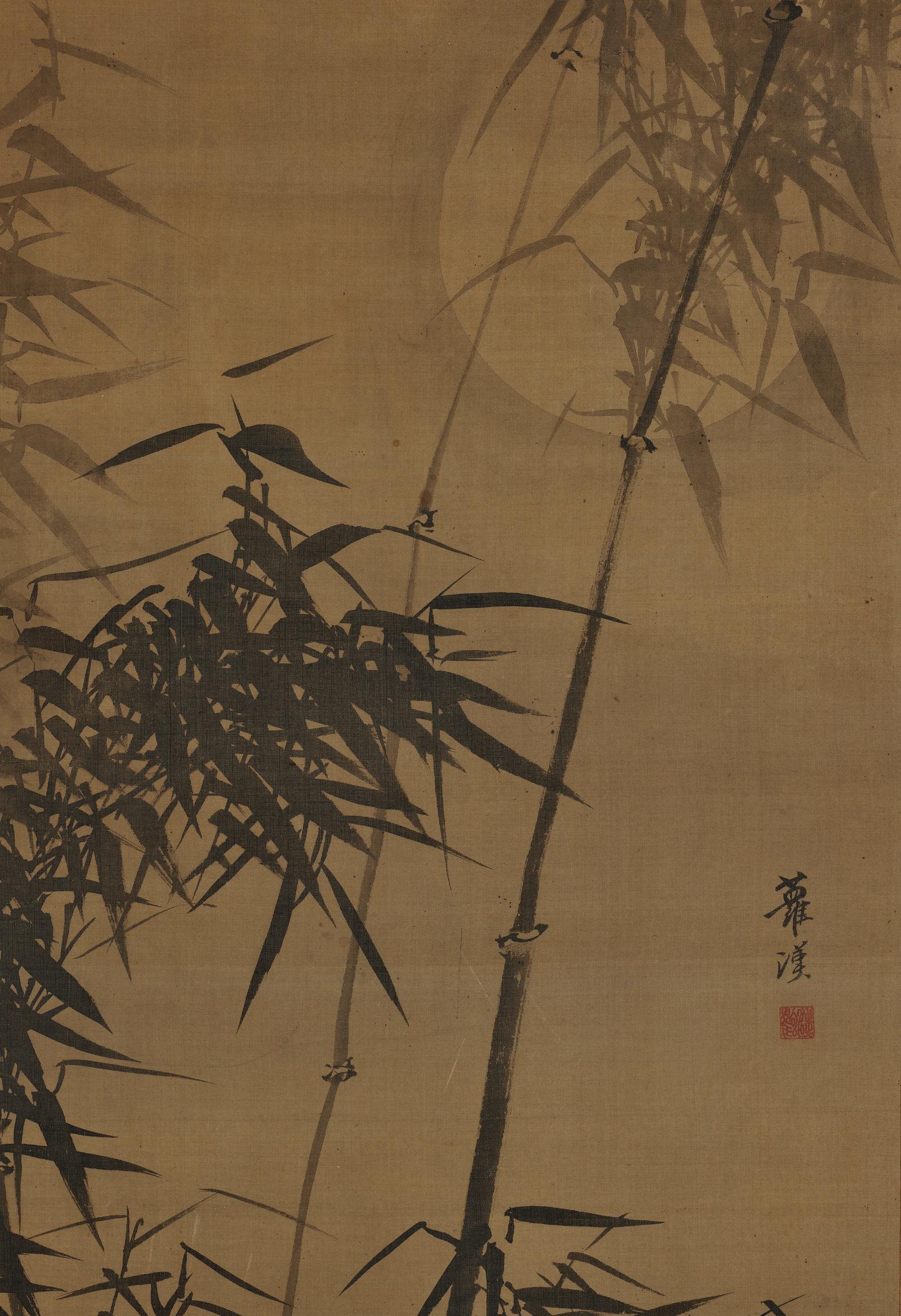 Edo Peinture japonaise, rouleau suspendu, 19e siècle Bambou au clair de lune en vente