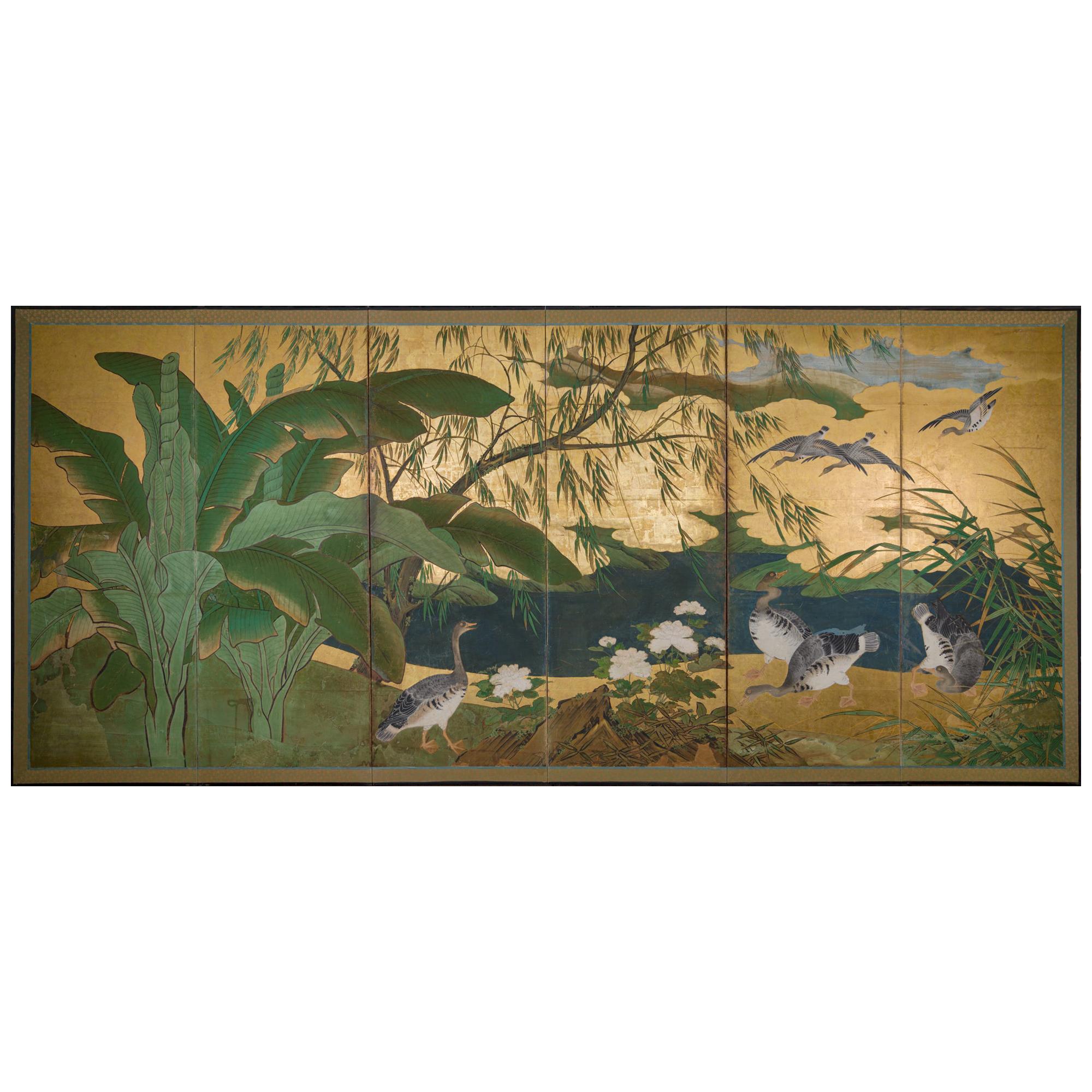 Early 19th Century Japanese Six-Panel Screen, Tropical Garden