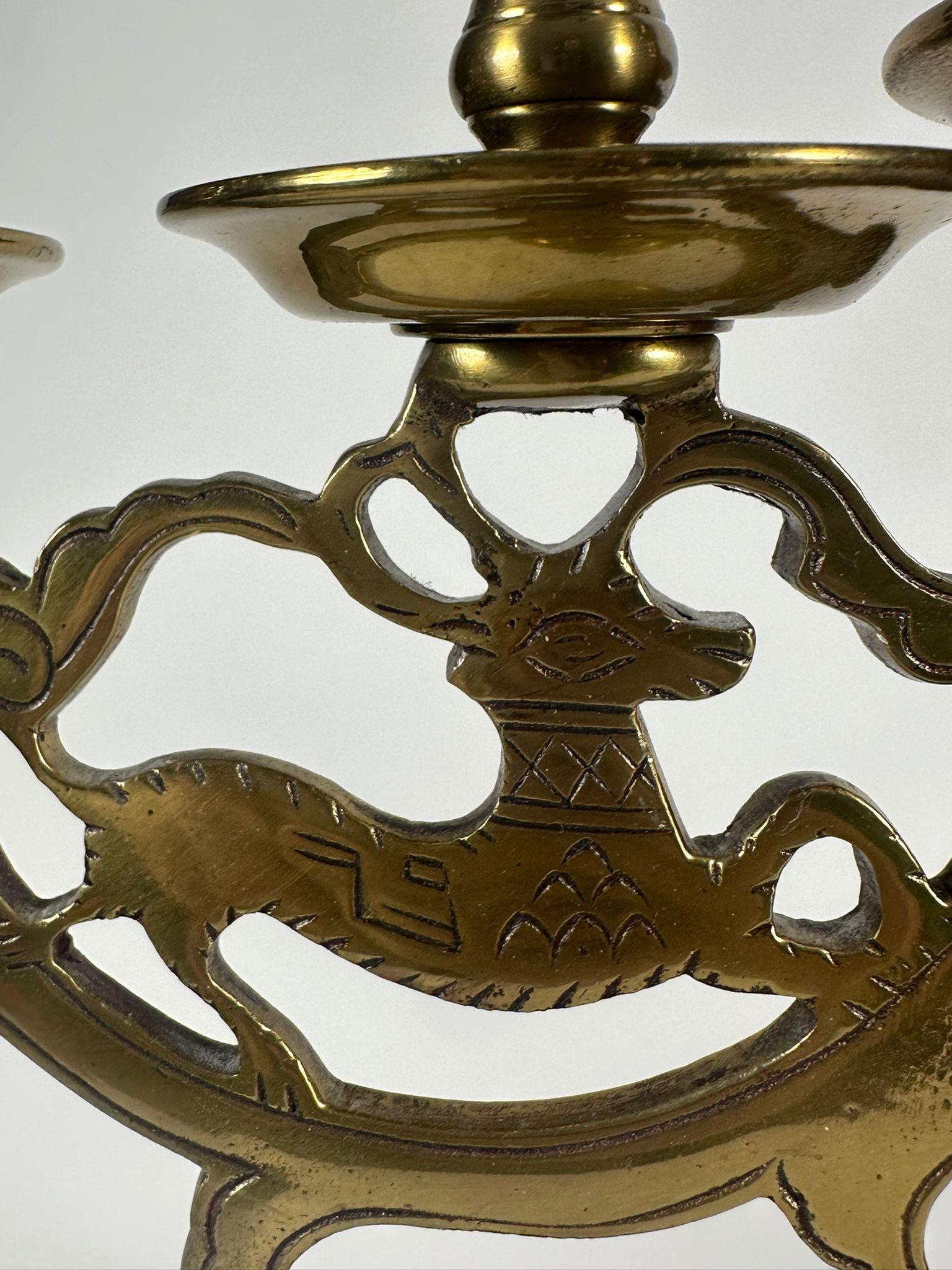 Cast Early 19th-Century Jewish Polish Sabbath Brass Candelabras with Deer Motif For Sale