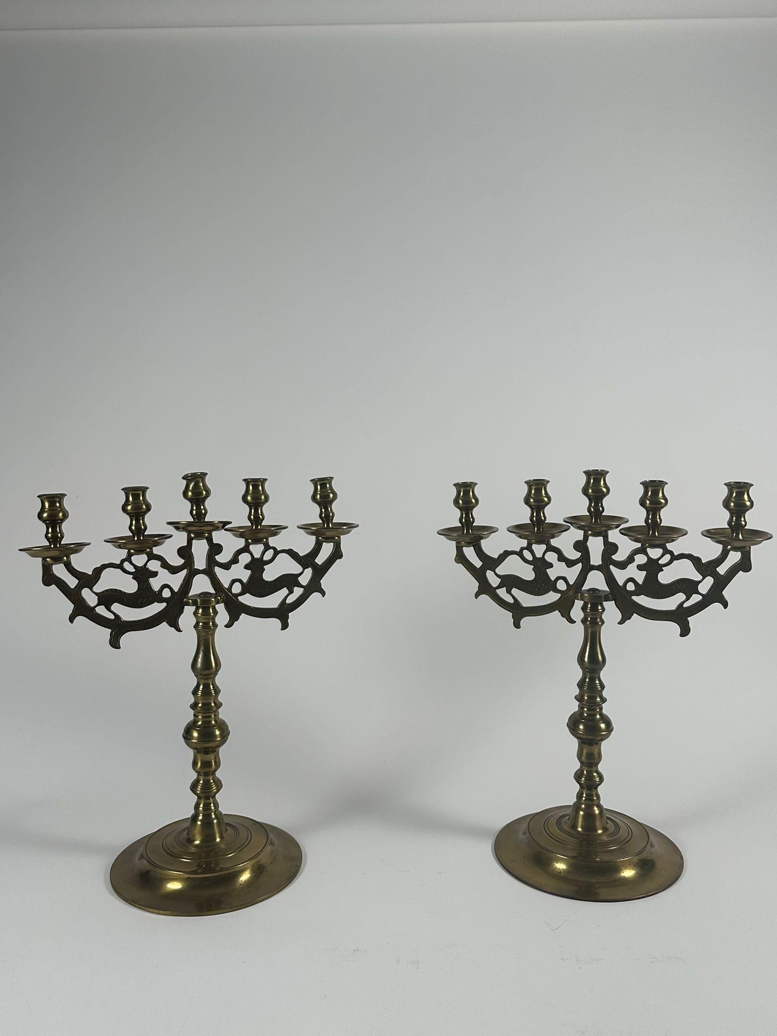 Early 19th-Century Jewish Polish Sabbath Brass Candelabras with Deer Motif For Sale 1