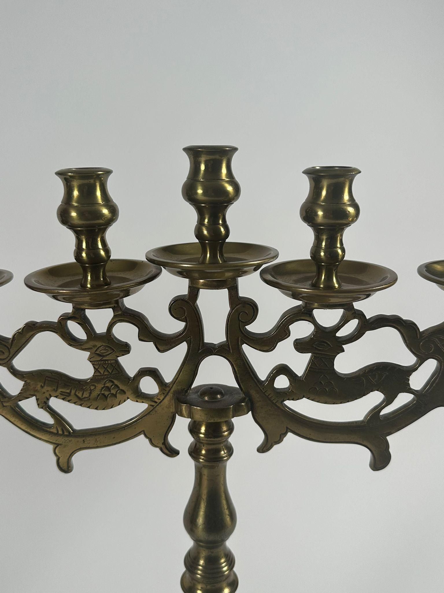 Early 19th-Century Jewish Polish Sabbath Brass Candelabras with Deer Motif For Sale 2