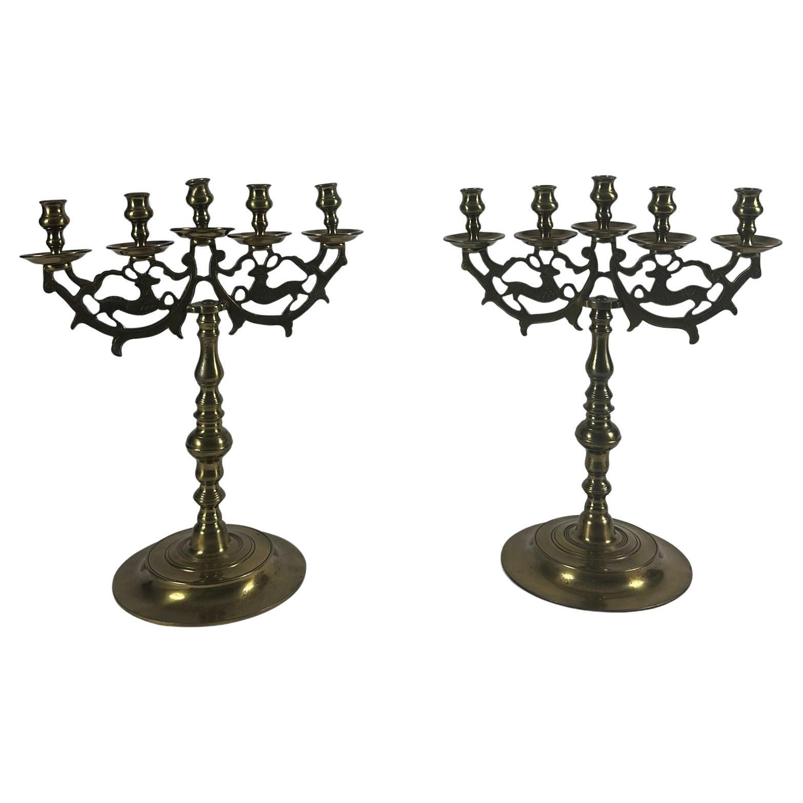 Early 19th-Century Jewish Polish Sabbath Brass Candelabras with Deer Motif